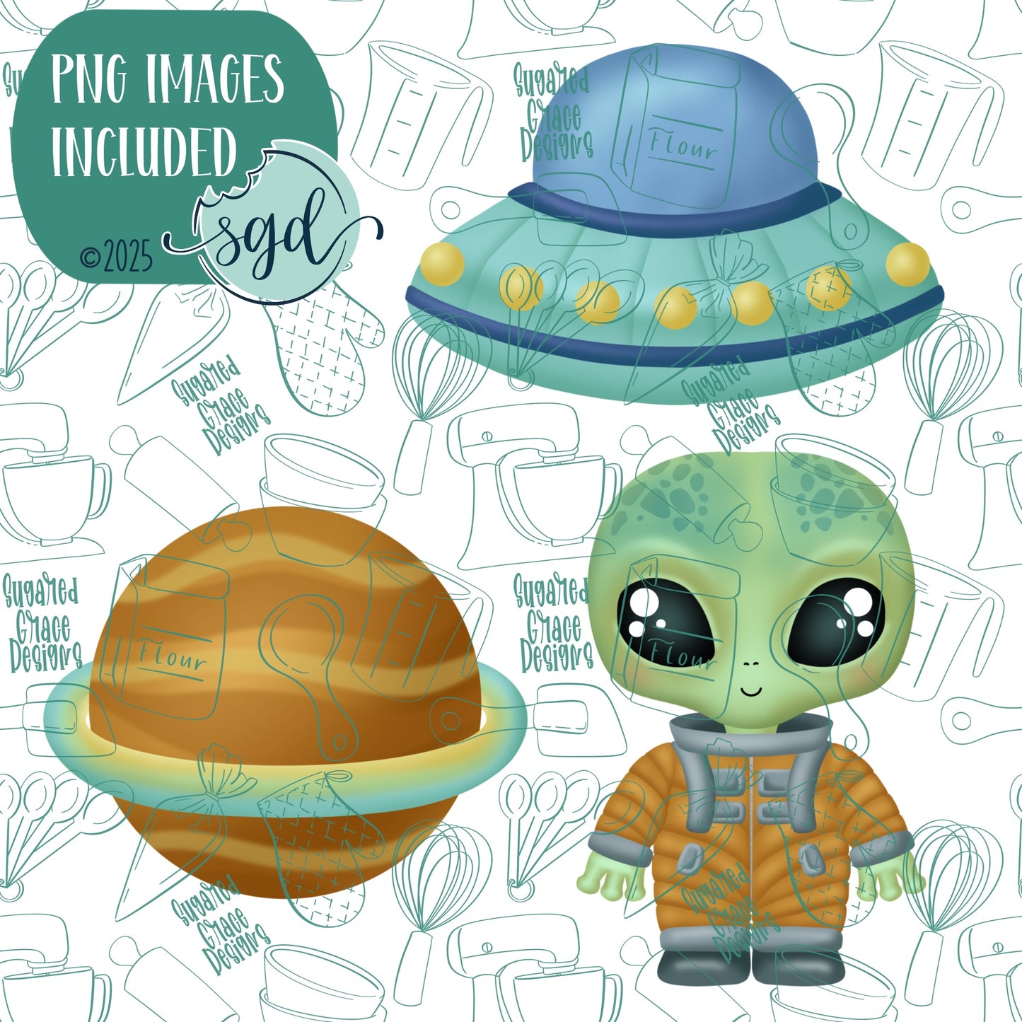 Extraterrestrial Alien Cookie Cutter Set of 3 with PNG Images to Match - Hand Drawn Graphics for Edible Ink Printers