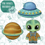 Extraterrestrial Alien Cookie Cutter Set of 3 with PNG Images to Match - Hand Drawn Graphics for Edible Ink Printers