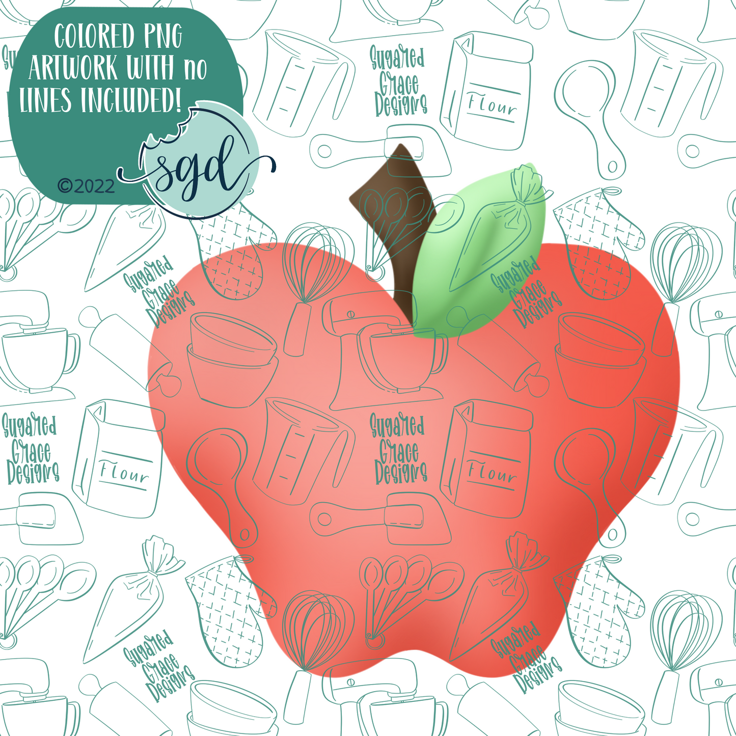 Red Apple Cookie Cutter with PNG Images to Match - Hand Drawn Graphics for Edible Ink Printers