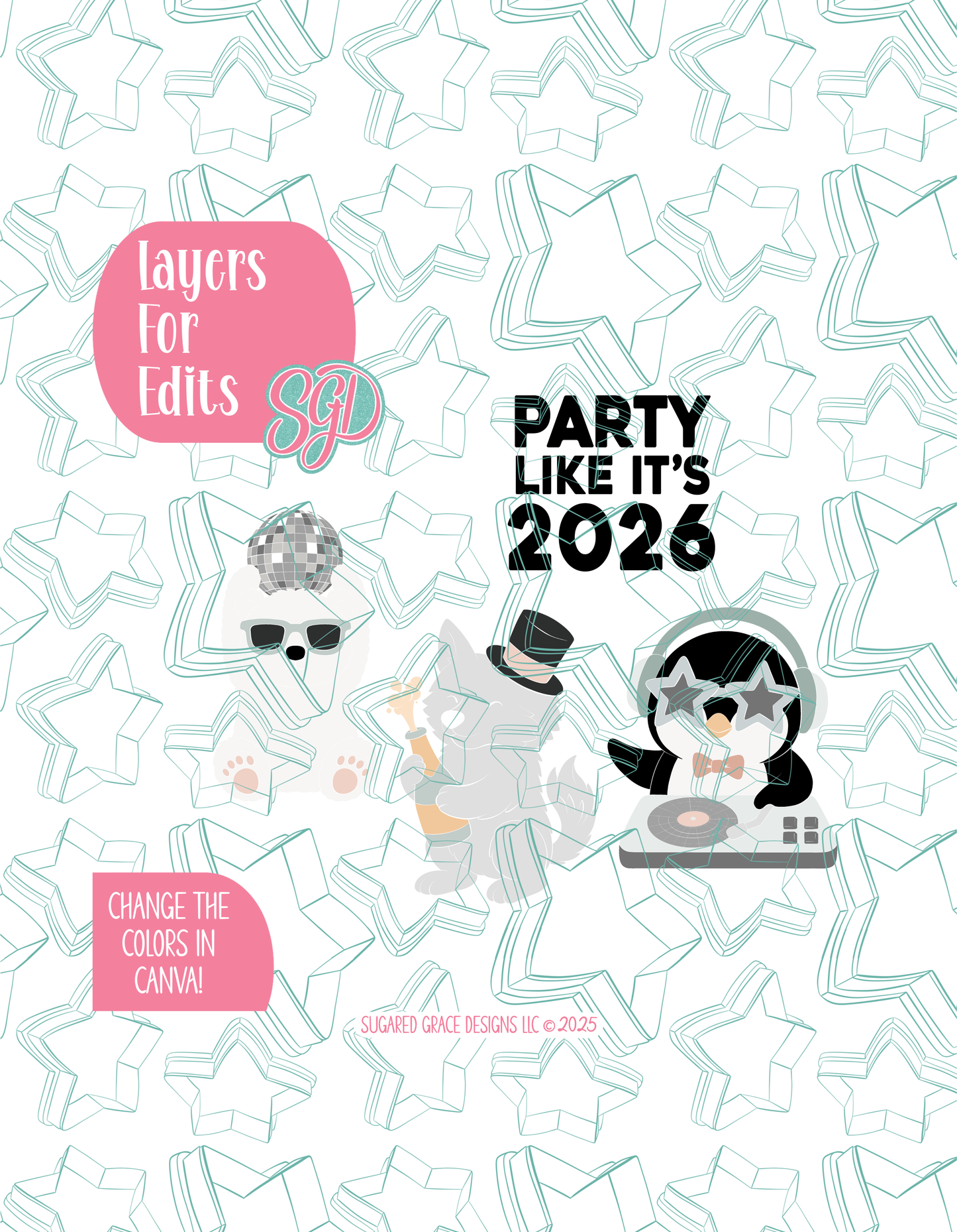 Arctic New Years Set of 4 Designs for Edible Ink Printers - Hand Drawn Editable Graphics (Digital Download)