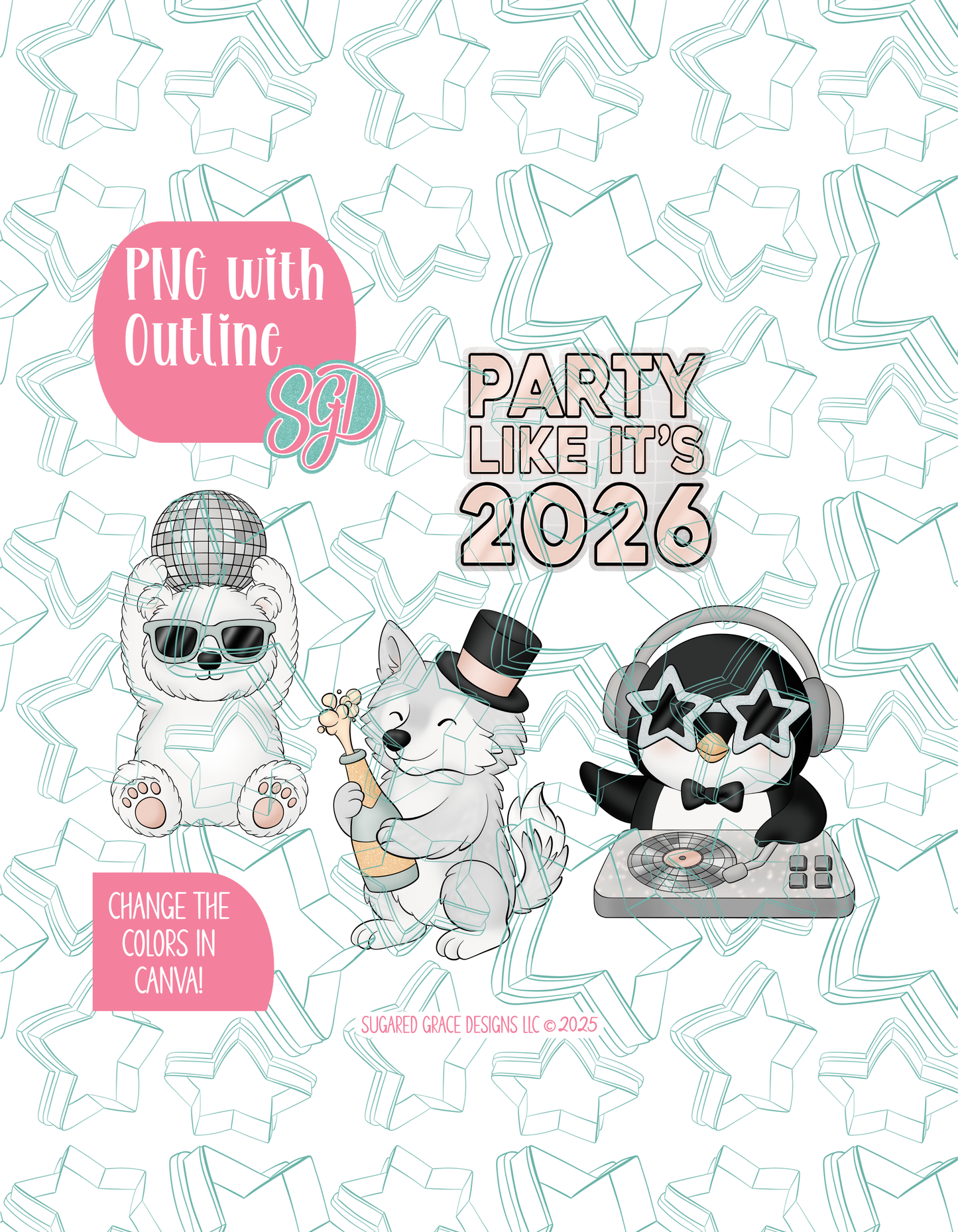 Arctic New Years Set of 4 Designs for Edible Ink Printers - Hand Drawn Editable Graphics (Digital Download)