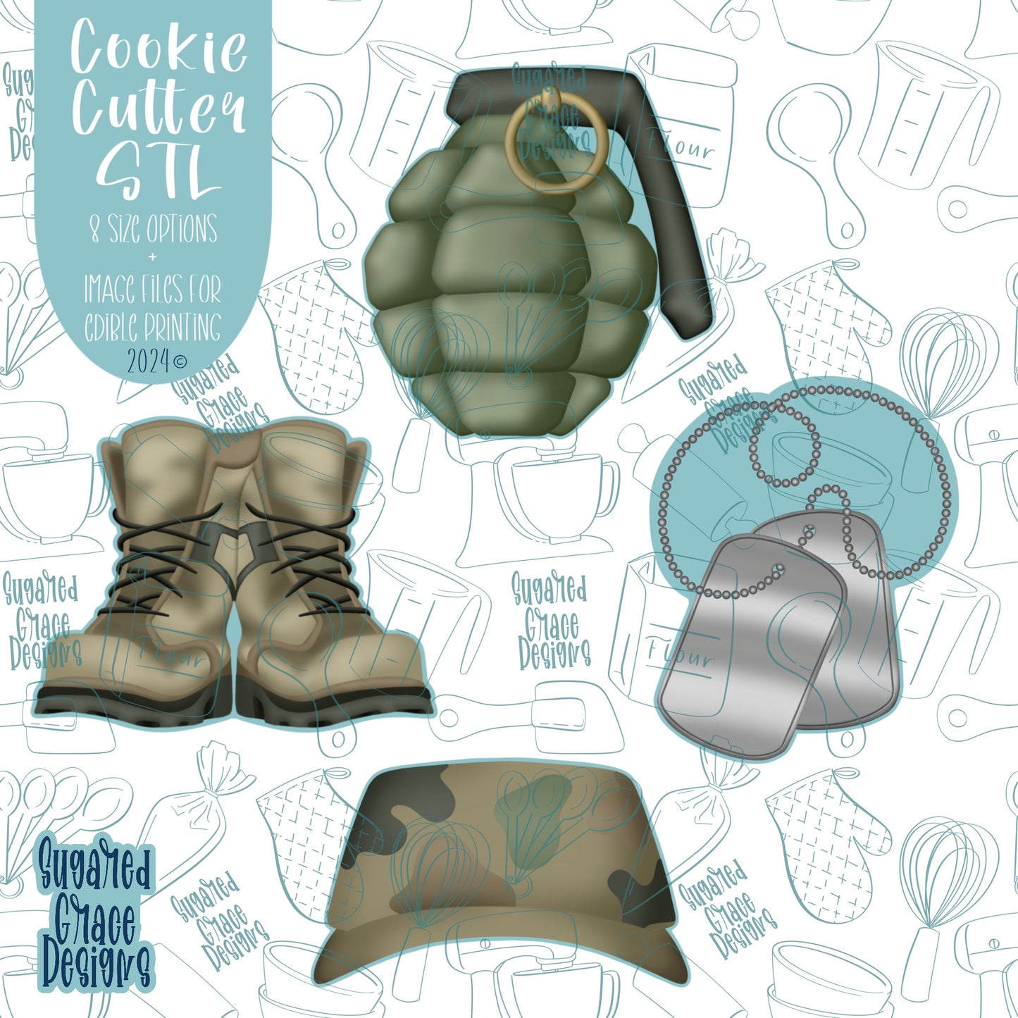 Army Military Cookie Cutter Set of 4 with Matching PNG Images for Edible Ink Printers Including Eddie