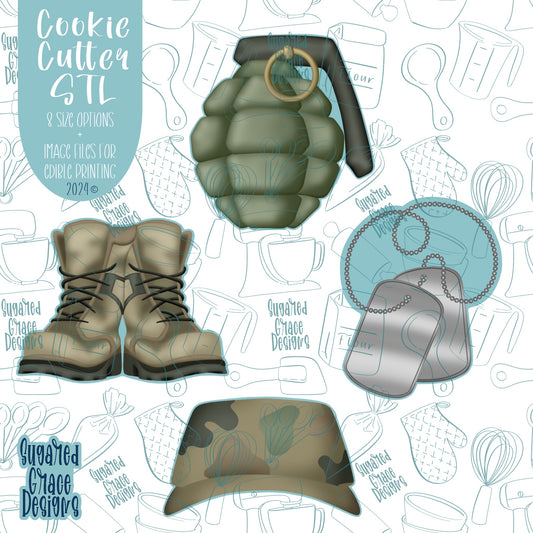 Army Military Cookie Cutter Set of 4 with Matching PNG Images for Edible Ink Printers Including Eddie