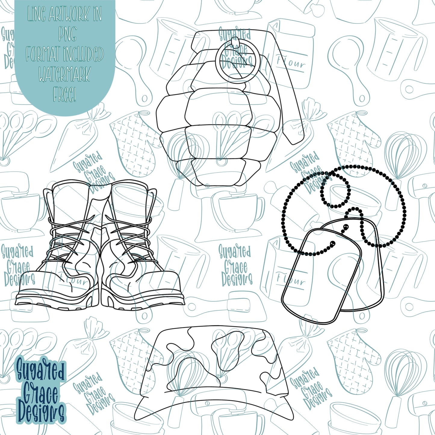 Army Military Cookie Cutter Set of 4 with Matching PNG Images for Edible Ink Printers Including Eddie