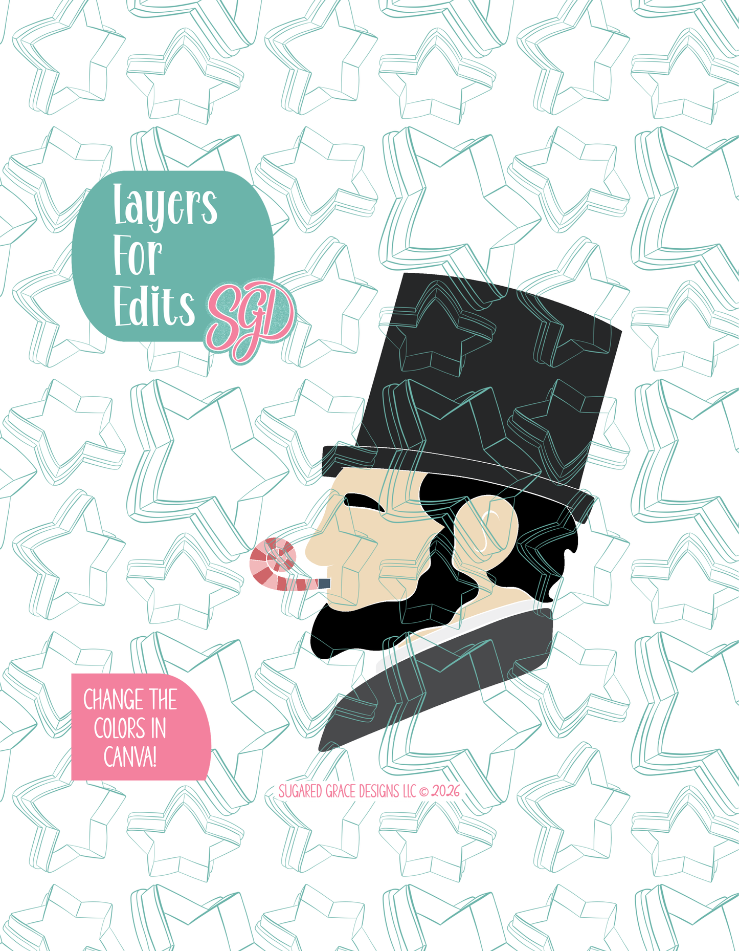 Colored layer breakdown of the Party Abe showing each section in a different color, with every color representing a separate editable layer in Canva. Displayed on a background watermarked with Sugared Grace Designs’ teal star pattern