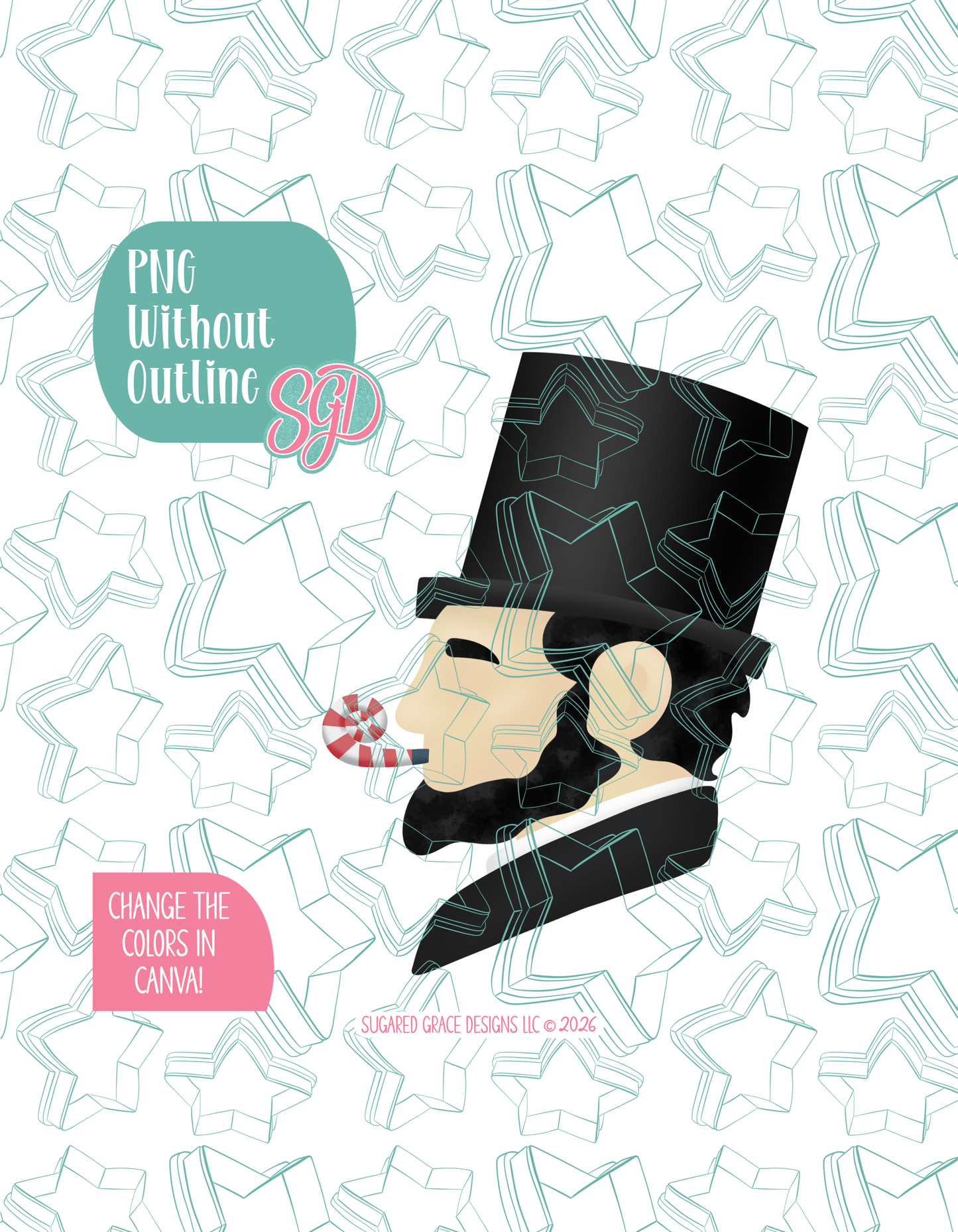 Full color version of the illustrated Party Abe, shown without black outlines on a background watermarked with Sugared Grace Designs’ teal star pattern