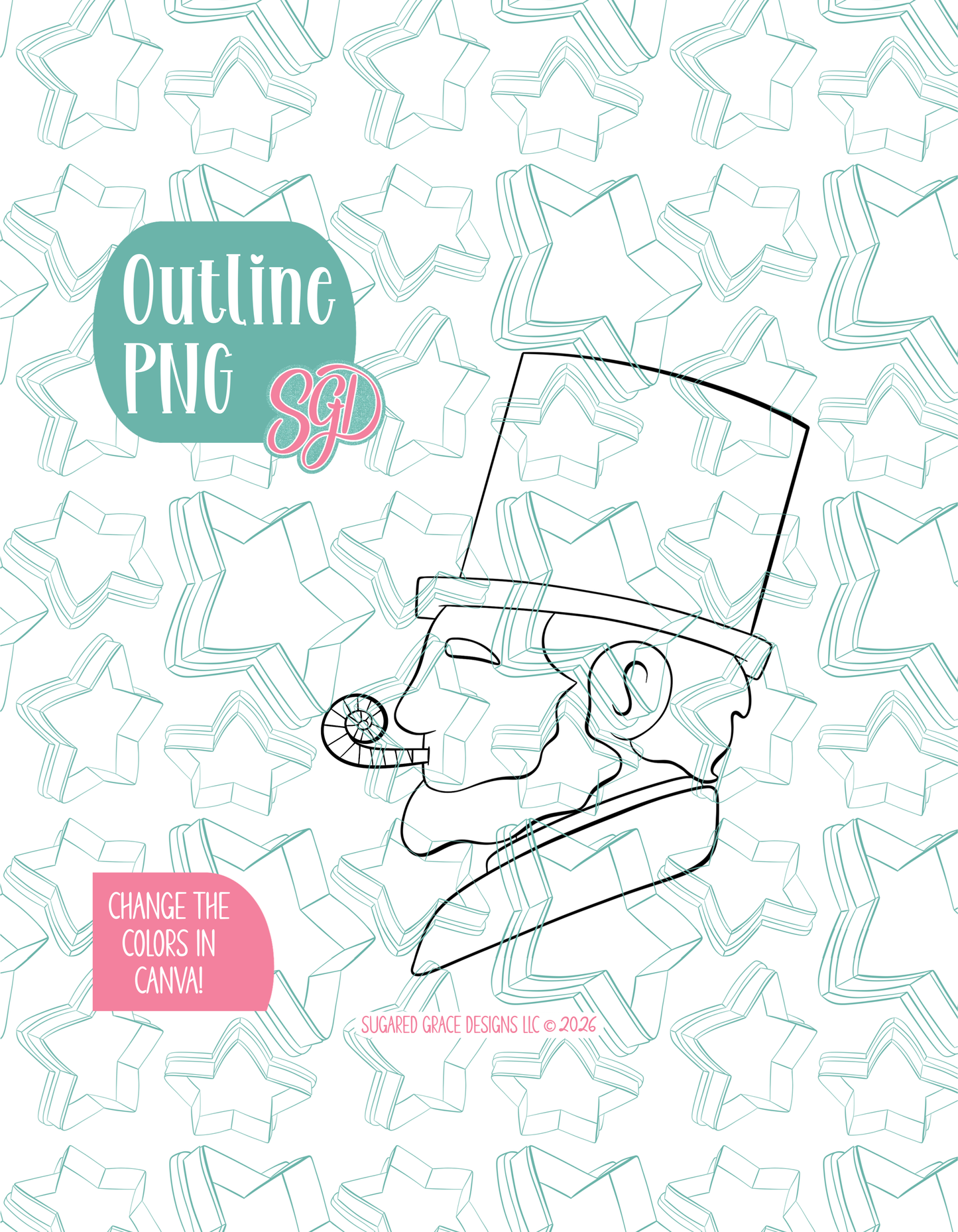 Black line outline drawing of the Party Abe, displayed on a background watermarked with Sugared Grace Designs’ teal star pattern