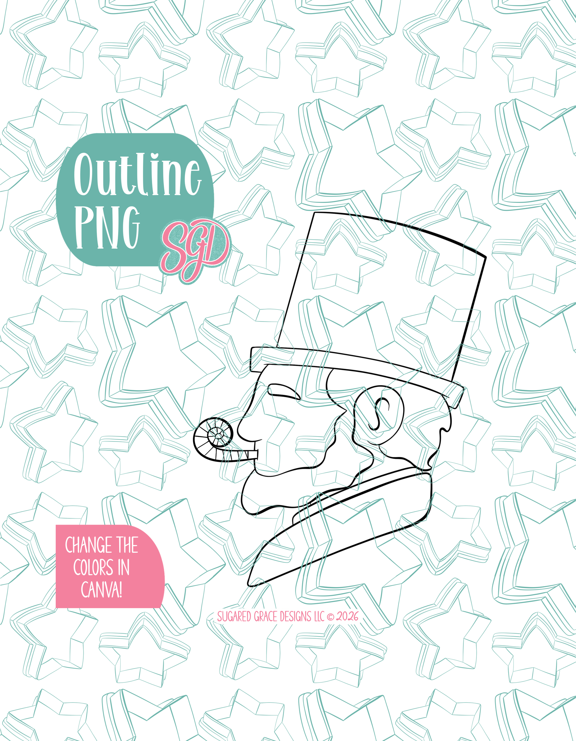 Black line outline drawing of the Party Abe, displayed on a background watermarked with Sugared Grace Designs’ teal star pattern