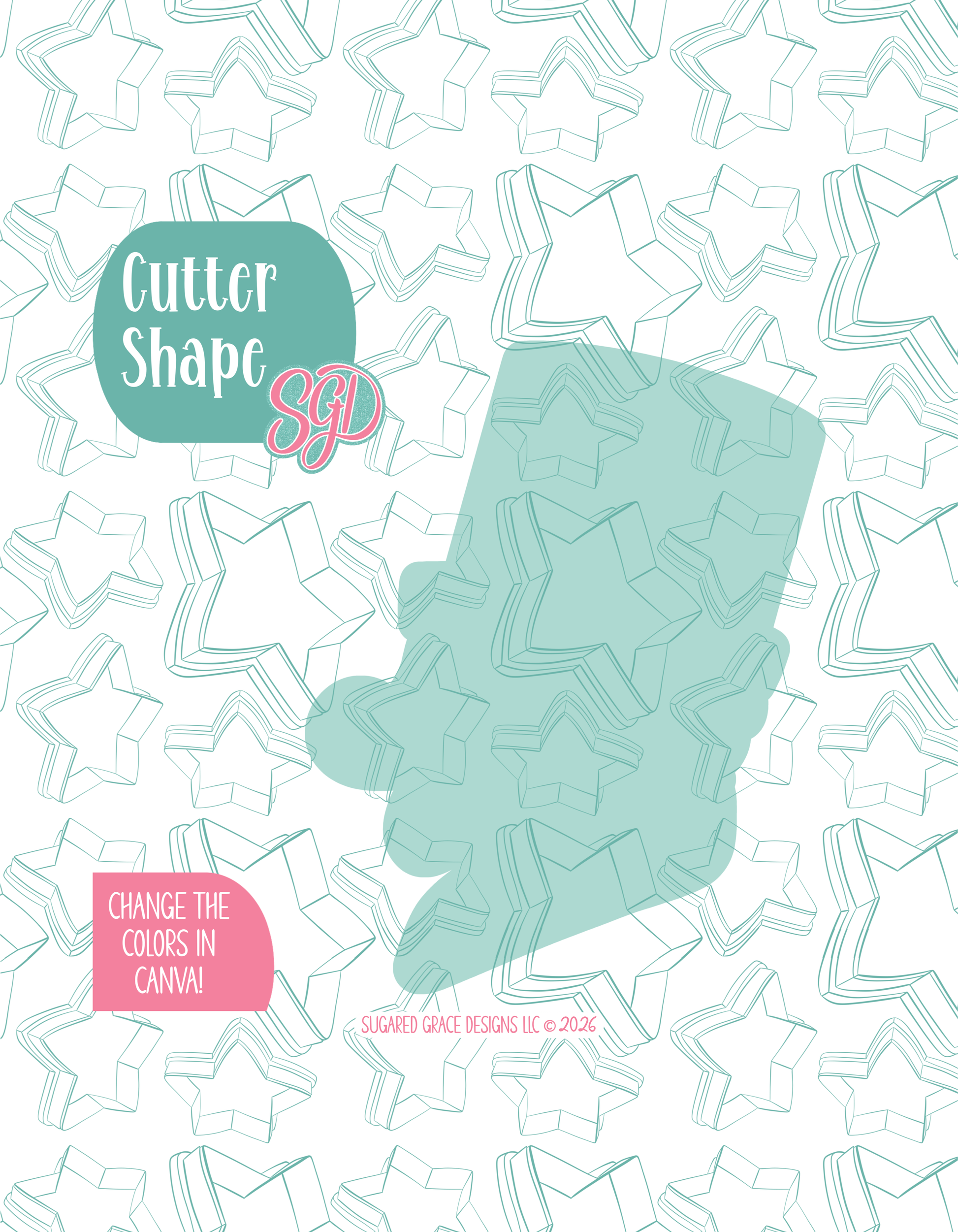 Solid teal silhouette showing the exact outer shape of the Party Abe cookie cutter, displayed on a background watermarked with Sugared Grace Design’s teal star pattern