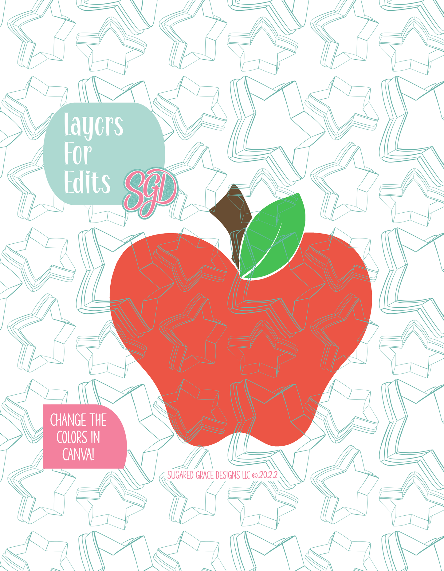 Colored layer breakdown of the Apple showing each section in a different color, with every color representing a separate editable layer in Canva. Displayed on a background watermarked with Sugared Grace Designs’ teal star pattern