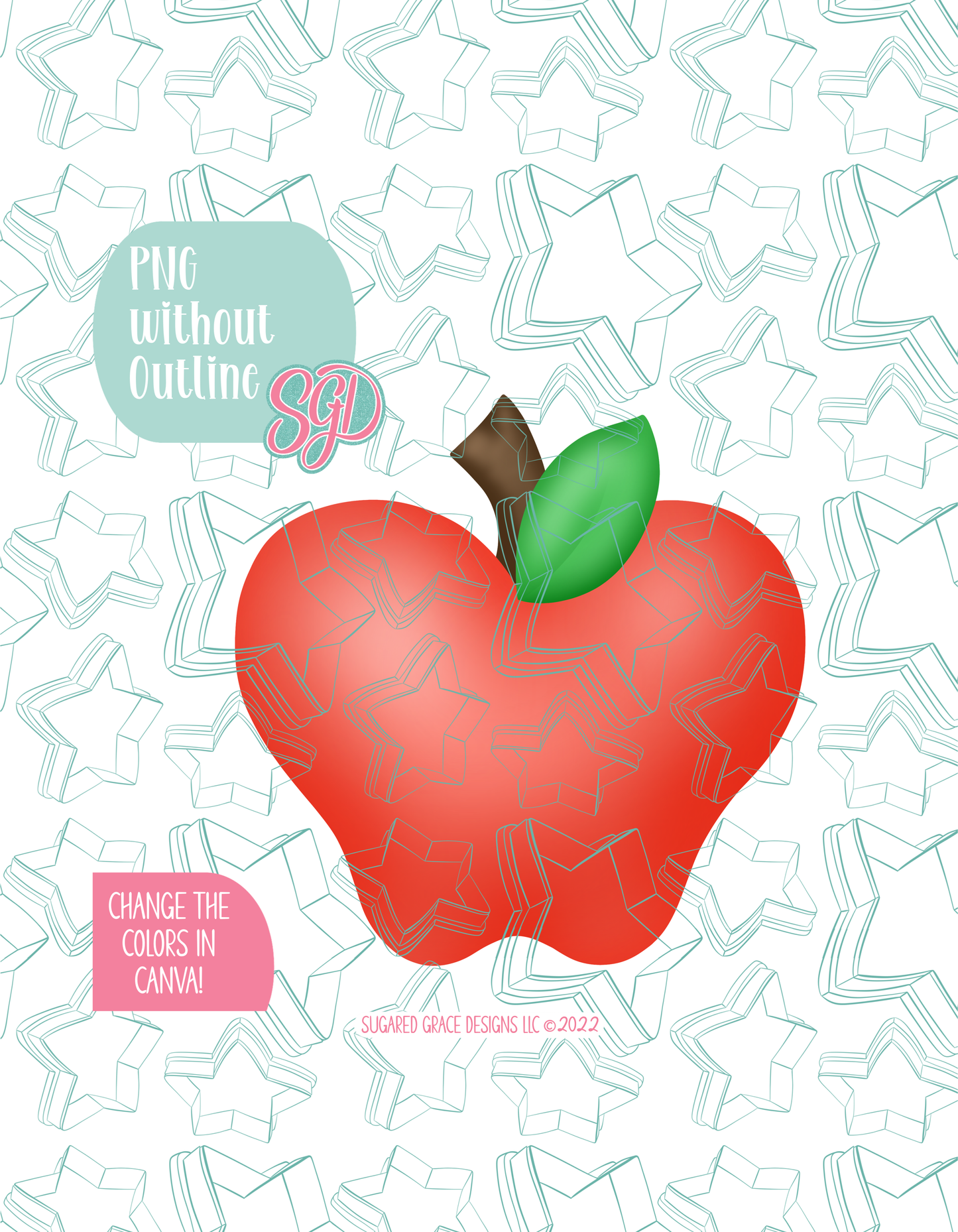 Full color version of the illustrated Apple, shown without black outlines on a background watermarked with Sugared Grace Designs’ tag star pattern