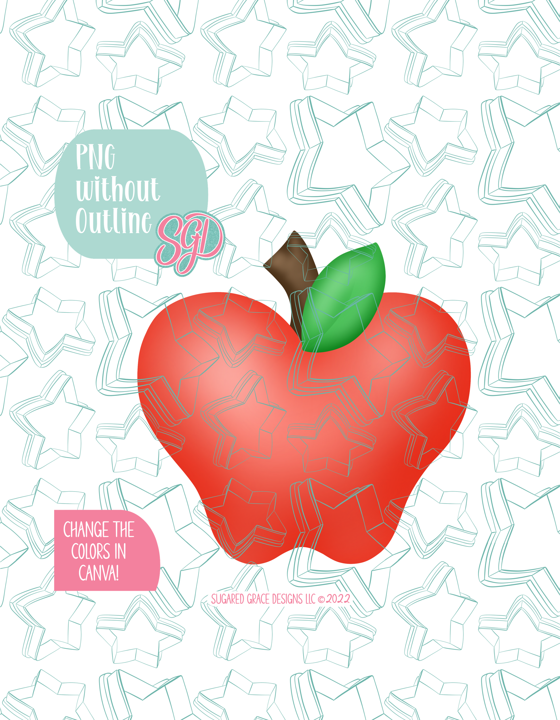 Full color version of the illustrated Apple, shown without black outlines on a background watermarked with Sugared Grace Designs’ tag star pattern