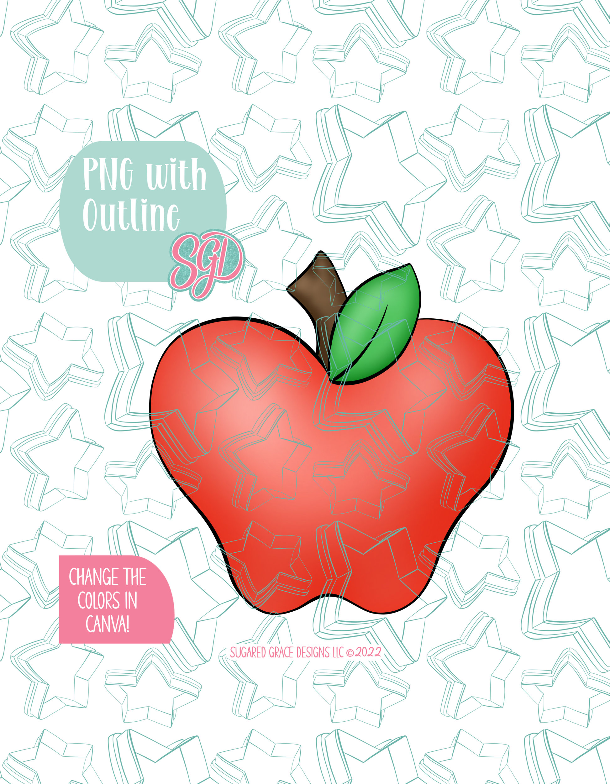 Full color illustrated Apple shown with a black outline on a background watermarked with Sugared Grace Designs’ teal star pattern