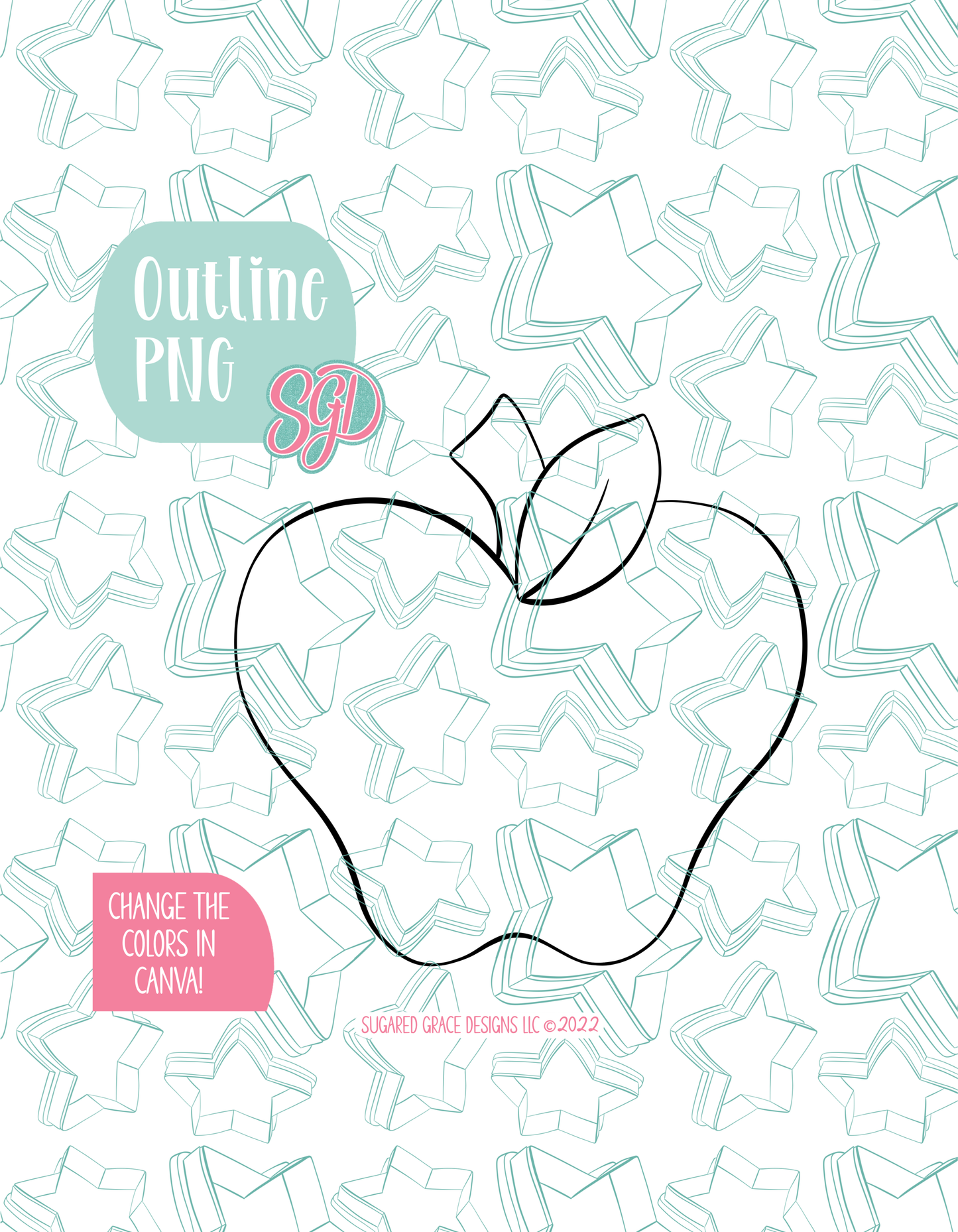 Black line outline drawing of the Apple, displayed on a background watermarked with Sugared Grace Designs’ teal star pattern