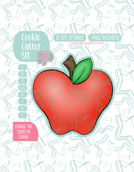 Illustrated Apple displayed on a background watermarked with a teal star pattern representing Sugared Grace Design’s brand. Text explains that the listing includes an Apple STL cookie cutter in multiple sizes plus editable PNG files.