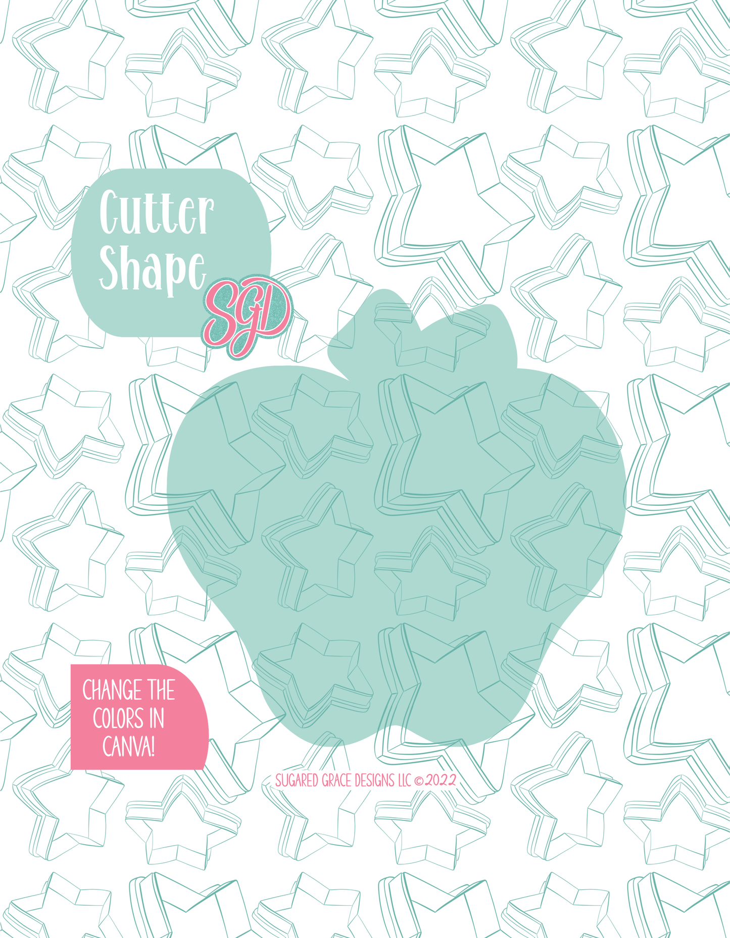 Solid teal silhouette showing the exact outer shape of the Apple cookie cutter, displayed on a background watermarked with Sugared Grace Design’s teal star pattern