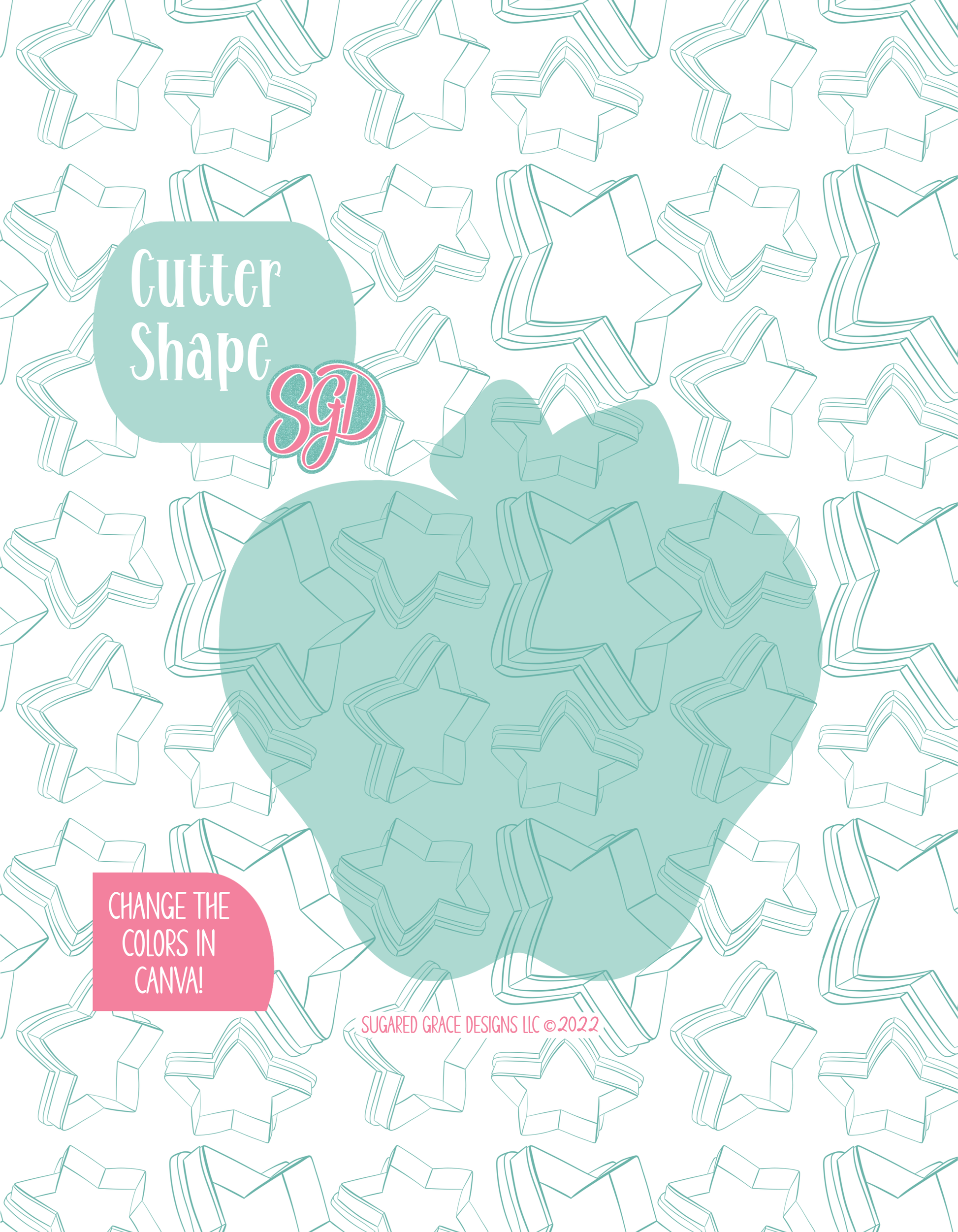 Solid teal silhouette showing the exact outer shape of the Apple cookie cutter, displayed on a background watermarked with Sugared Grace Design’s teal star pattern