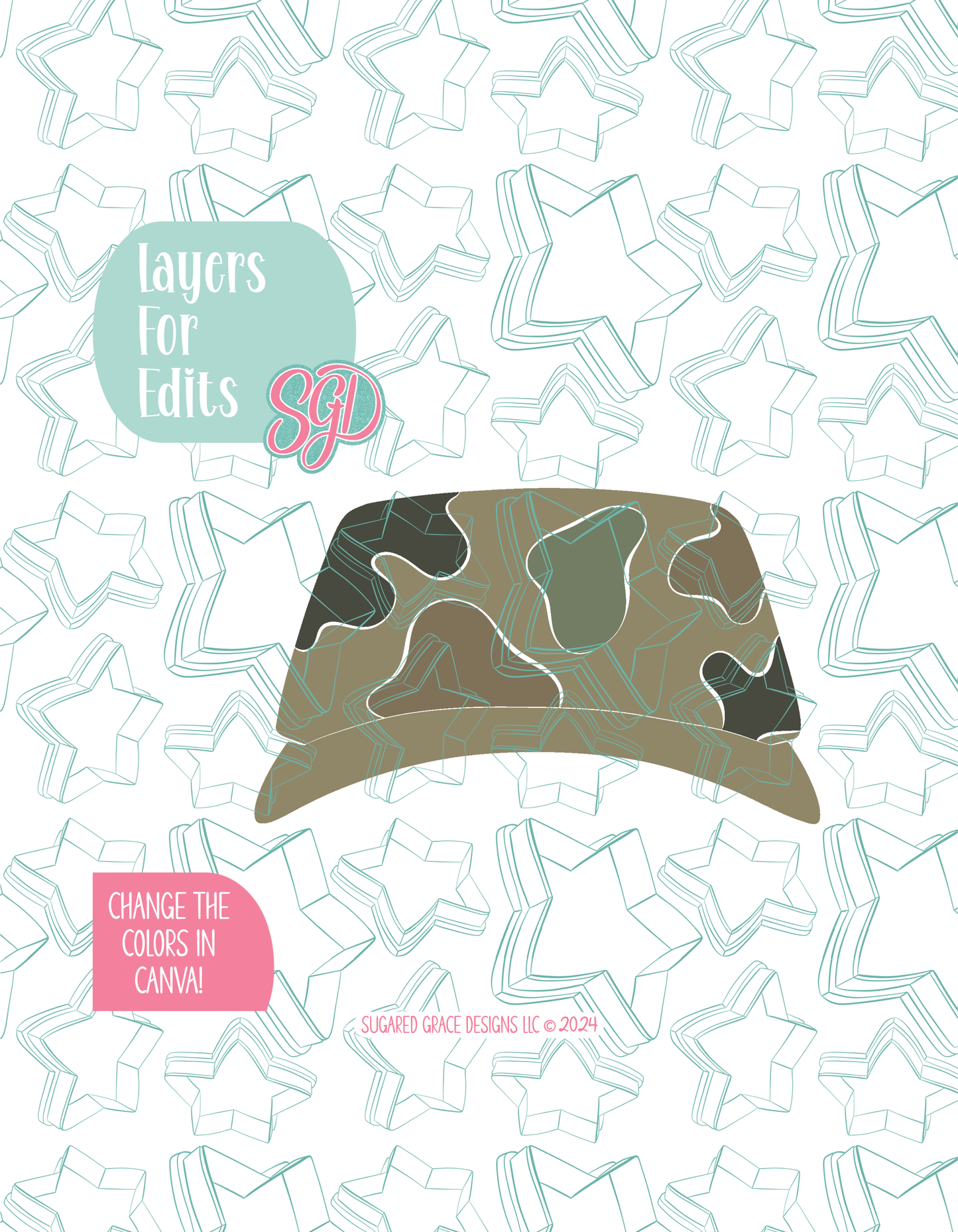 Colored layer breakdown of the army hat showing each section in a different color, with every color representing a separate editable layer in Canva. Displayed on a background watermarked with Sugared Grace Designs’ teal star pattern