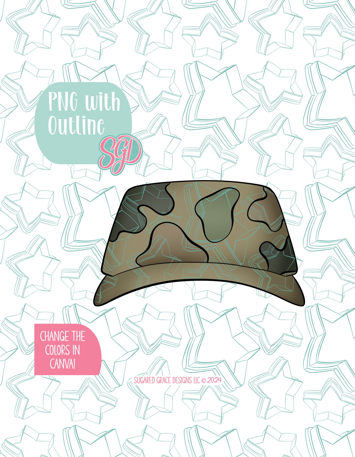 Full color illustrated army hat, shown with a black outline on a background watermarked with Sugared Grace Designs’ teal star pattern