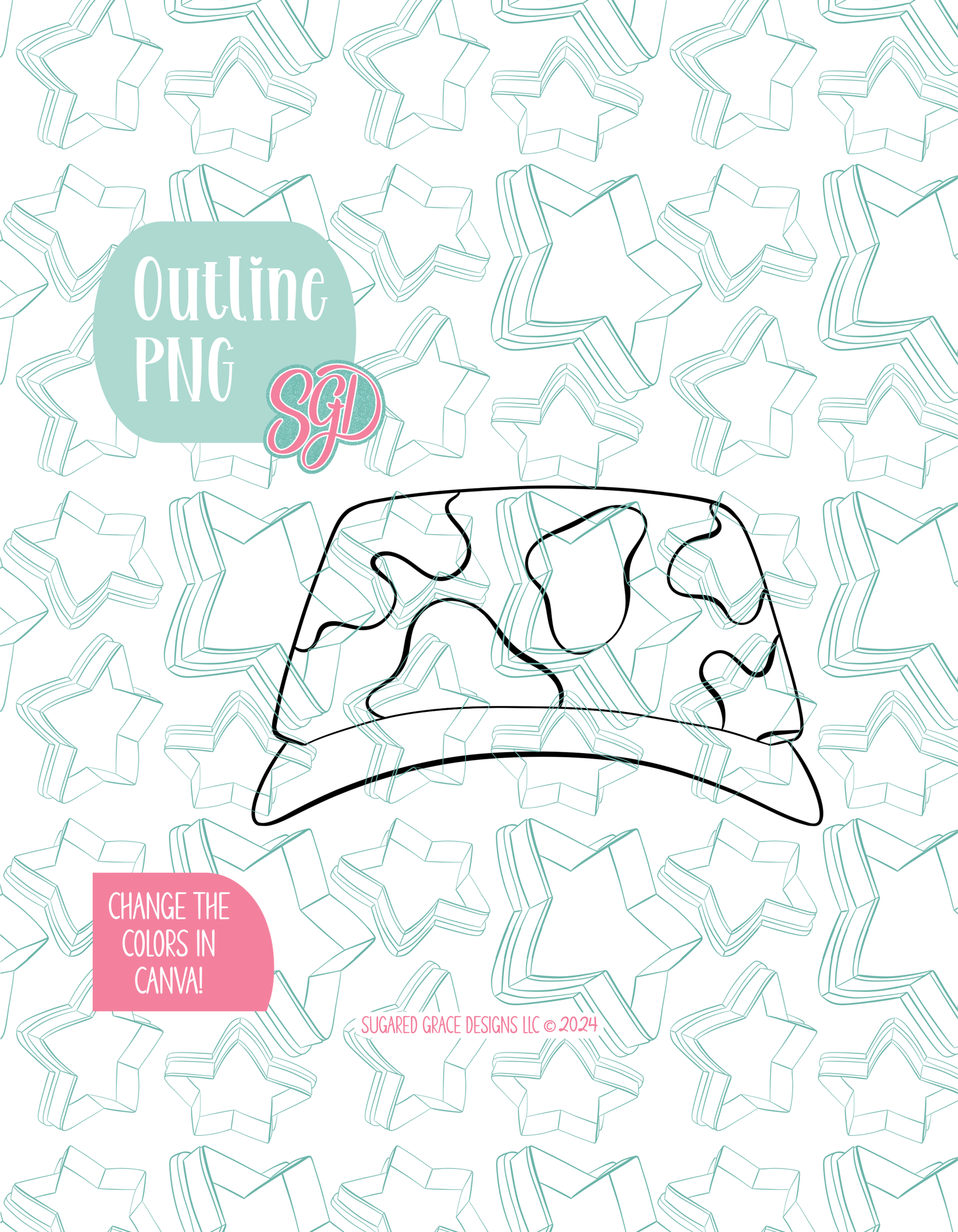 Black line outline drawing of the army hat, displayed on a background watermarked with Sugared Grace Designs’ teal star pattern
