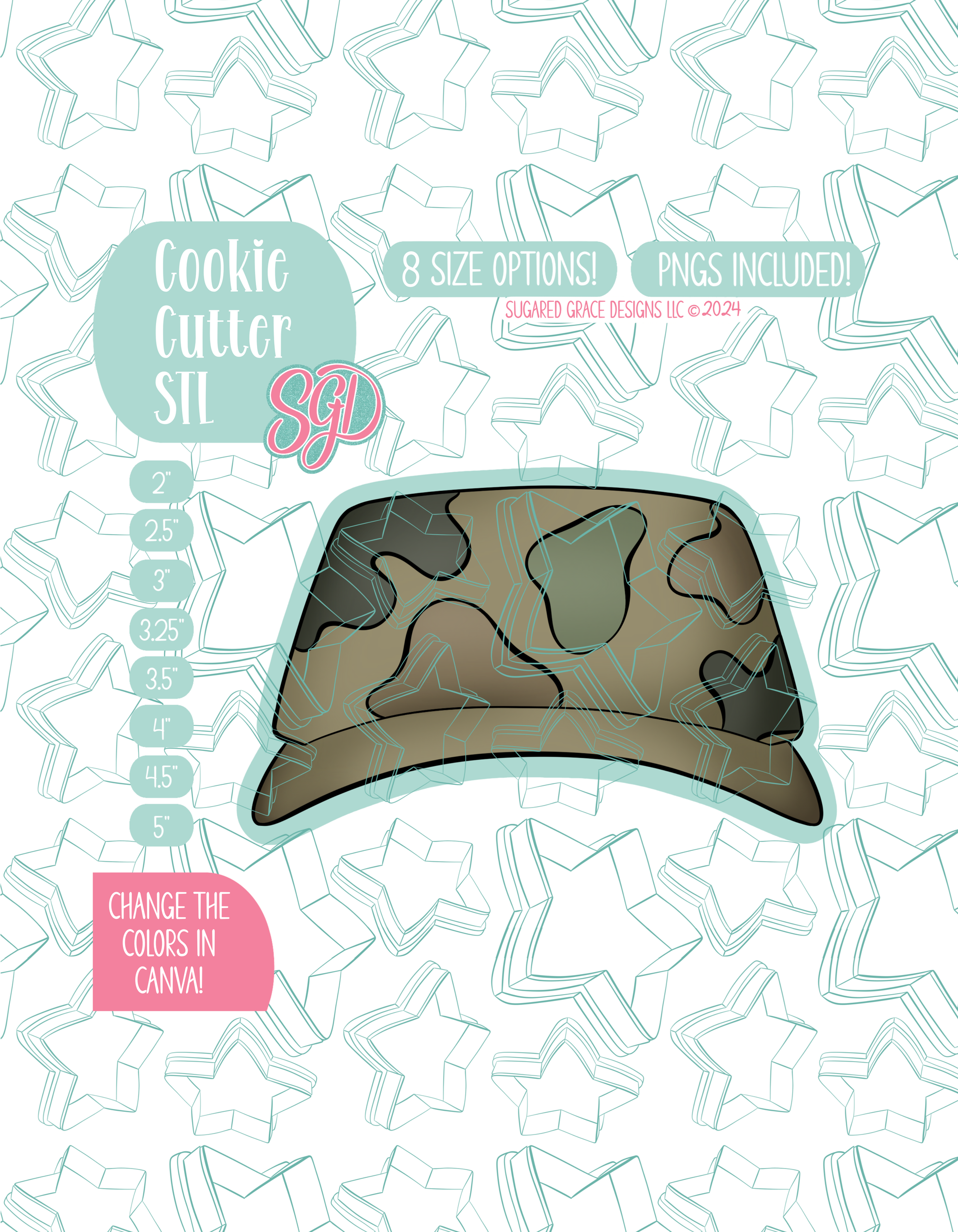 Illustrated camouflage army hat, displayed on a background watermarked with a teal star pattern representing Sugared Grace Design’s brand. Text explains that the listing includes an army hat STL cookie cutter in multiple sizes plus editable PNG files.
