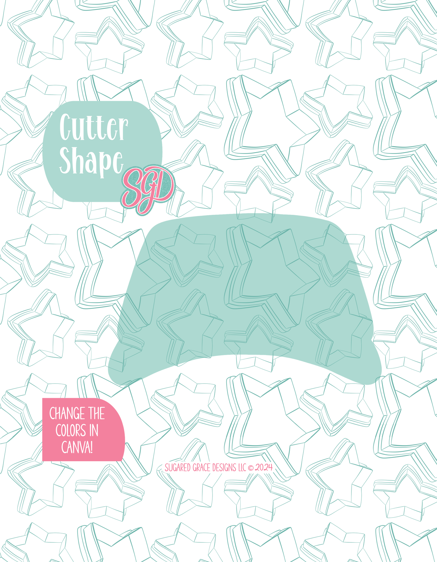 Solid teal silhouette showing the exact outer shape of the army hat cookie cutter, displayed on a background watermarked with Sugared Grace Design’s teal star pattern