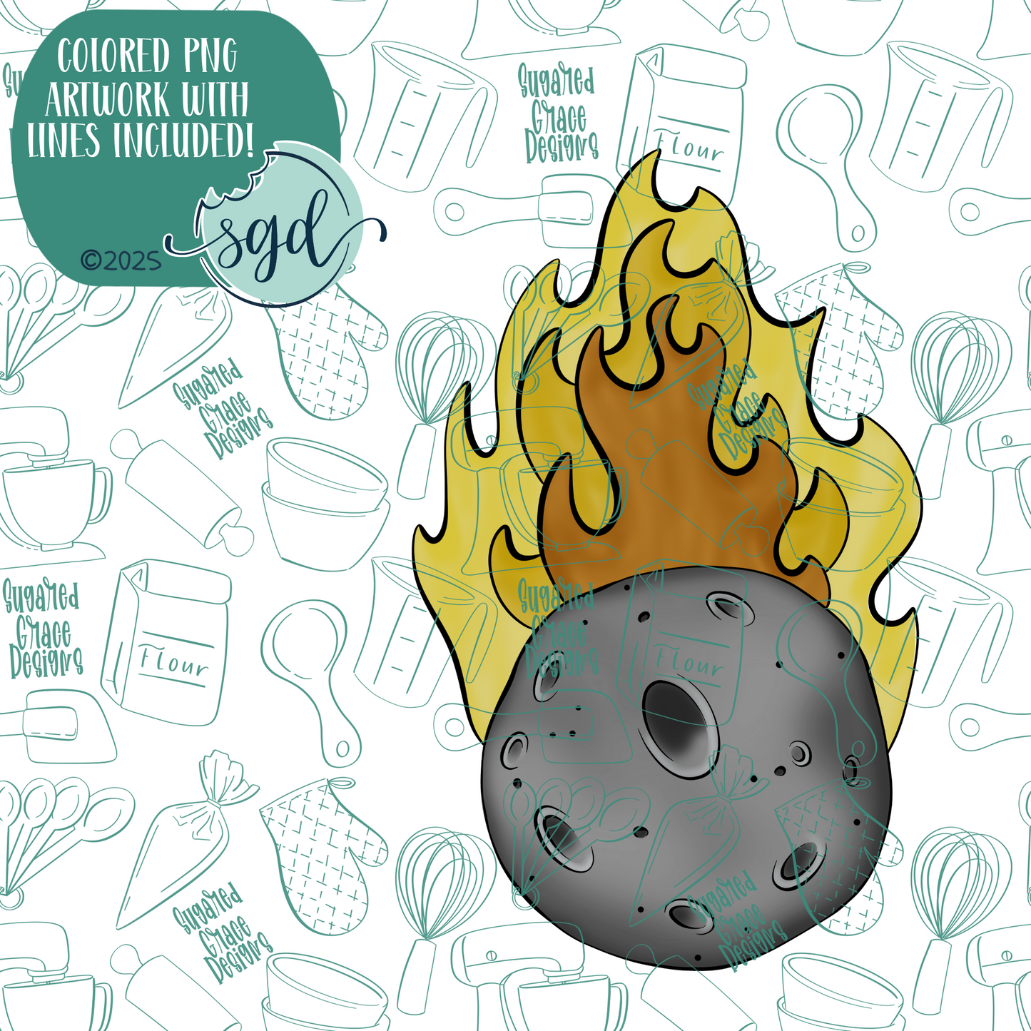 Fiery Asteroid or Space Comet Cookie Cutter with PNG Images to Match - Hand Drawn Graphics for Edible Ink Printers