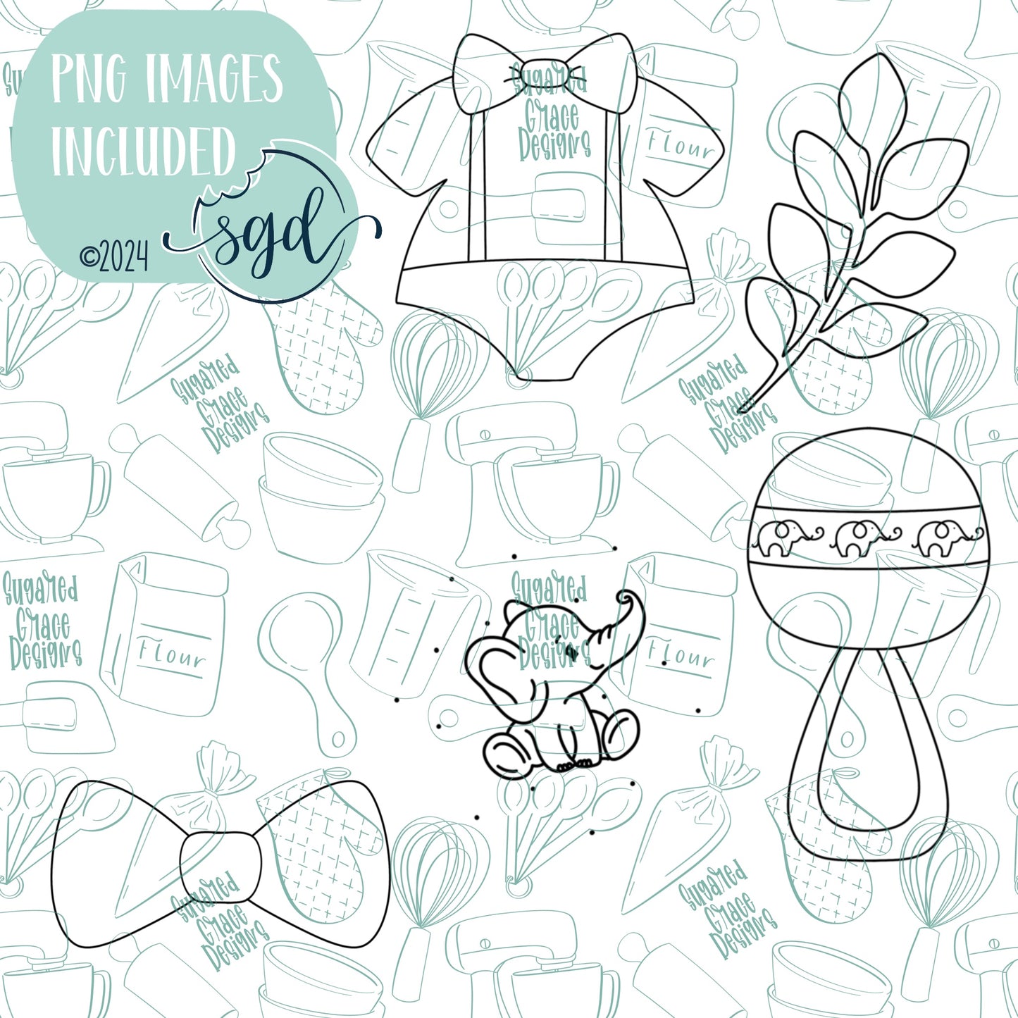 Elephant Themed Baby Shower Cookie Cutter STL File Set with Matching Printable PNG Images for Edible Ink Printers Including Eddie