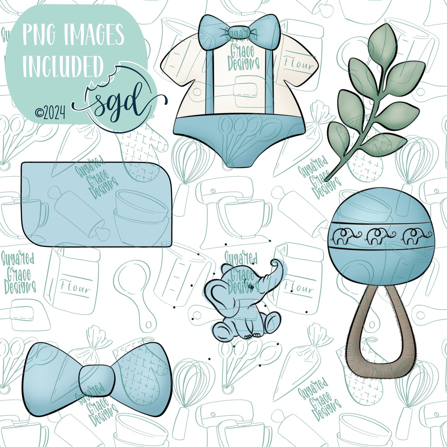 Elephant Themed Baby Shower Cookie Cutter STL File Set with Matching Printable PNG Images for Edible Ink Printers Including Eddie