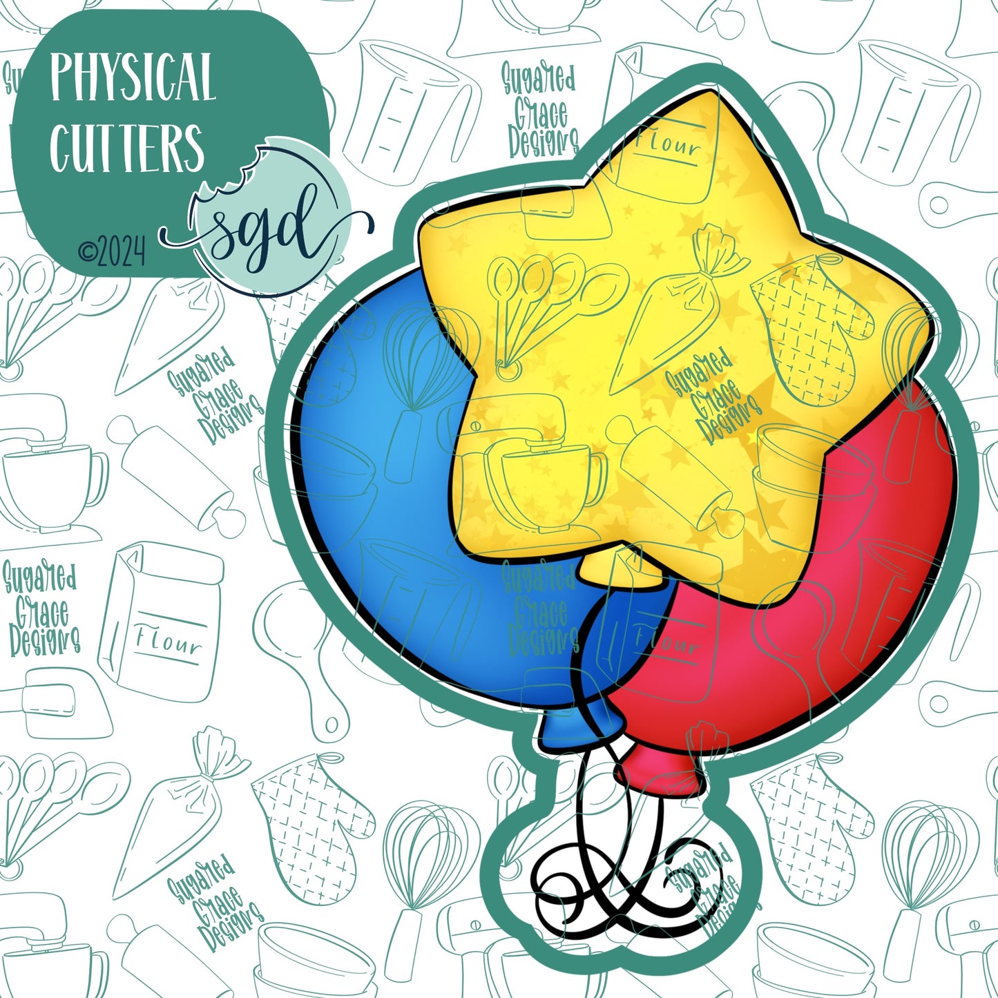 Birthday Celebration Star Balloons Cookie Cutter with PNG Images to Match - Hand Drawn Graphics for Edible Ink Printers