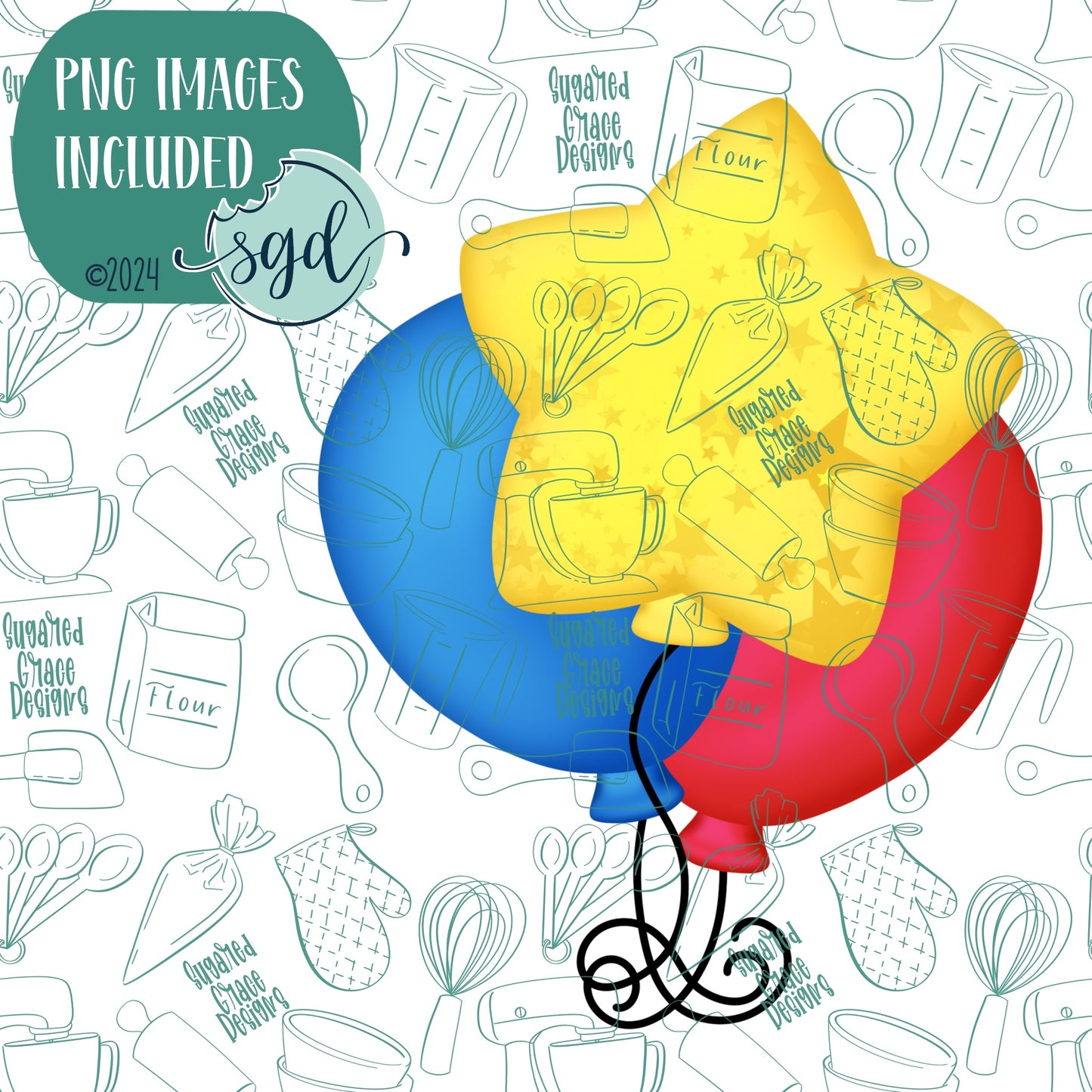 Birthday Celebration Star Balloons Cookie Cutter with PNG Images to Match - Hand Drawn Graphics for Edible Ink Printers