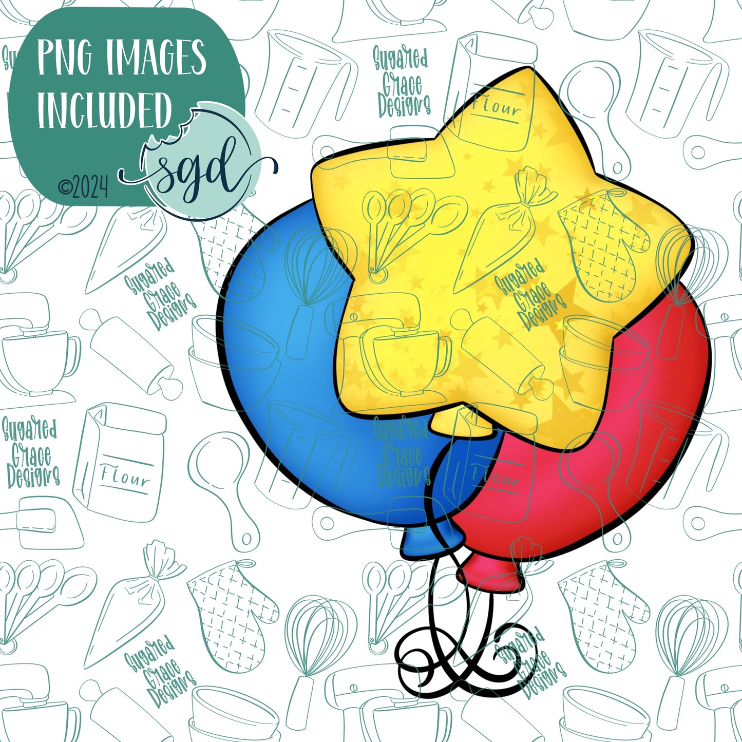 Birthday Celebration Star Balloons Cookie Cutter with PNG Images to Match - Hand Drawn Graphics for Edible Ink Printers