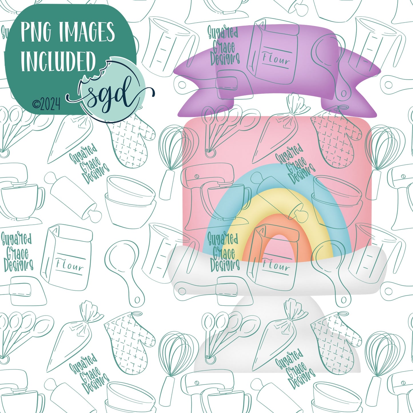 Birthday Cake with Banner Cookie Cutter with PNG Images to Match - Hand Drawn Graphics for Edible Ink Printers