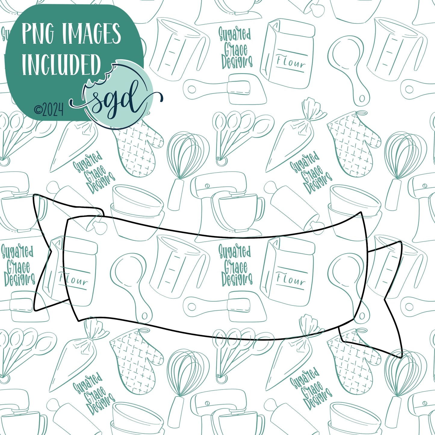 Ribbon Banner Name Plaque  Cookie Cutter with PNG Images to Match - Hand Drawn Graphics for Edible Ink Printers