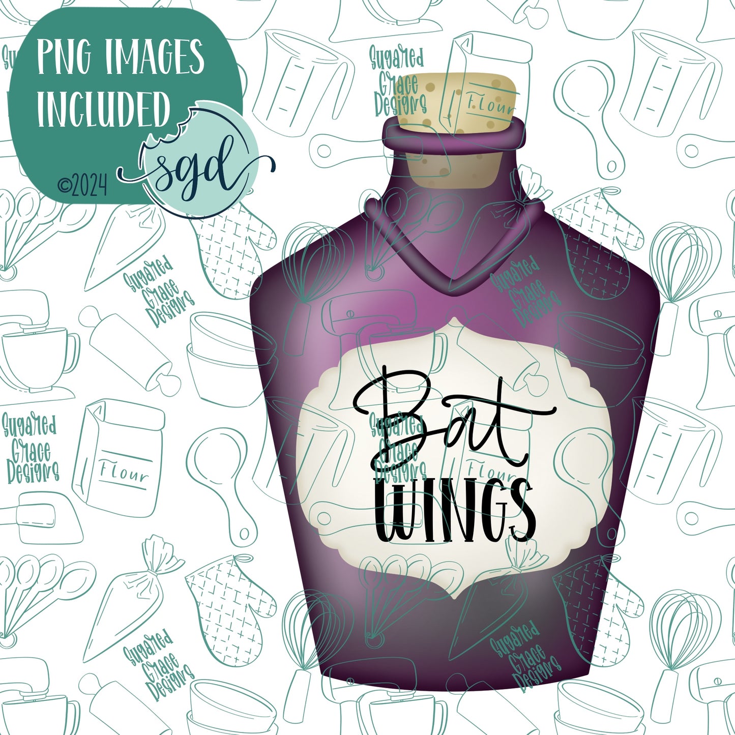 Bat Wings Potion Bottle Cookie Cutter with PNGs to Match - Hand Drawn Graphics for Edible Ink Printers