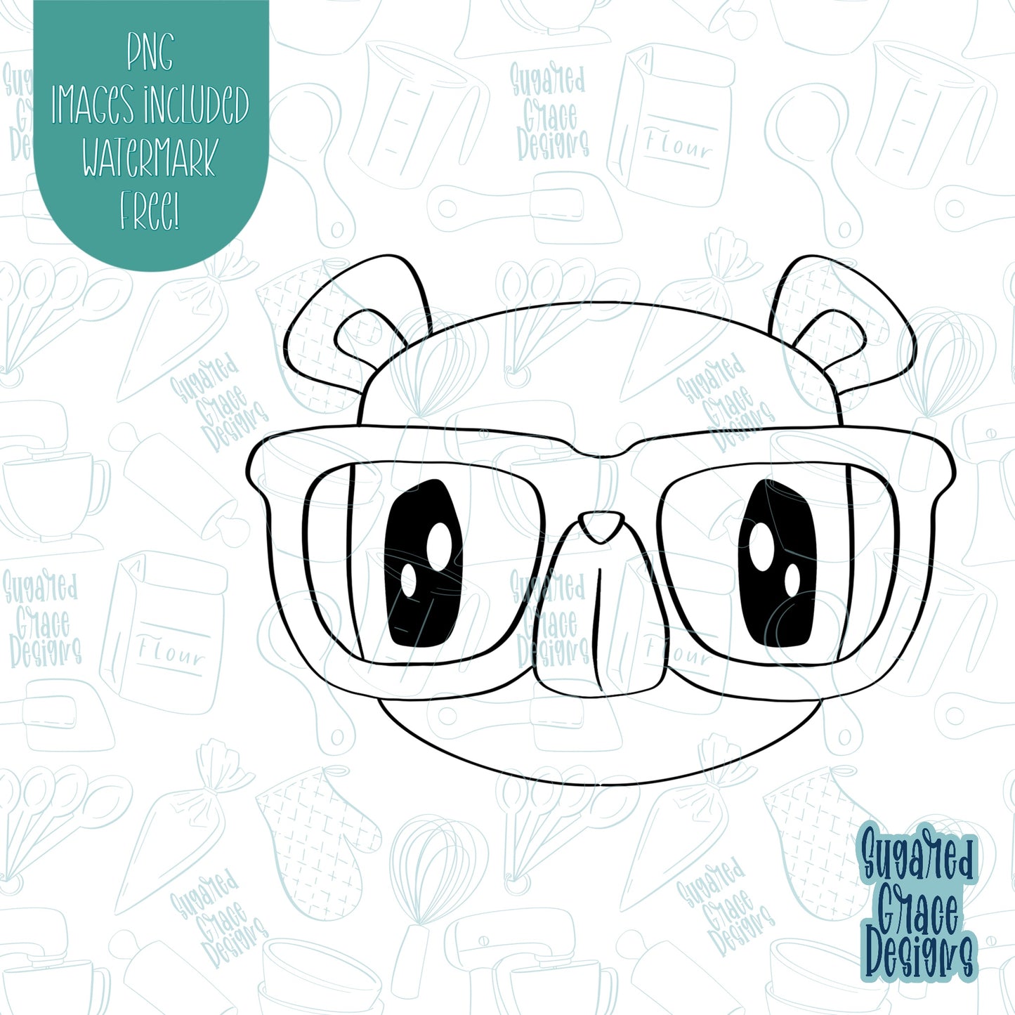 Cute Nerdy Bear cookie cutter with png images for edible ink printers including Eddie