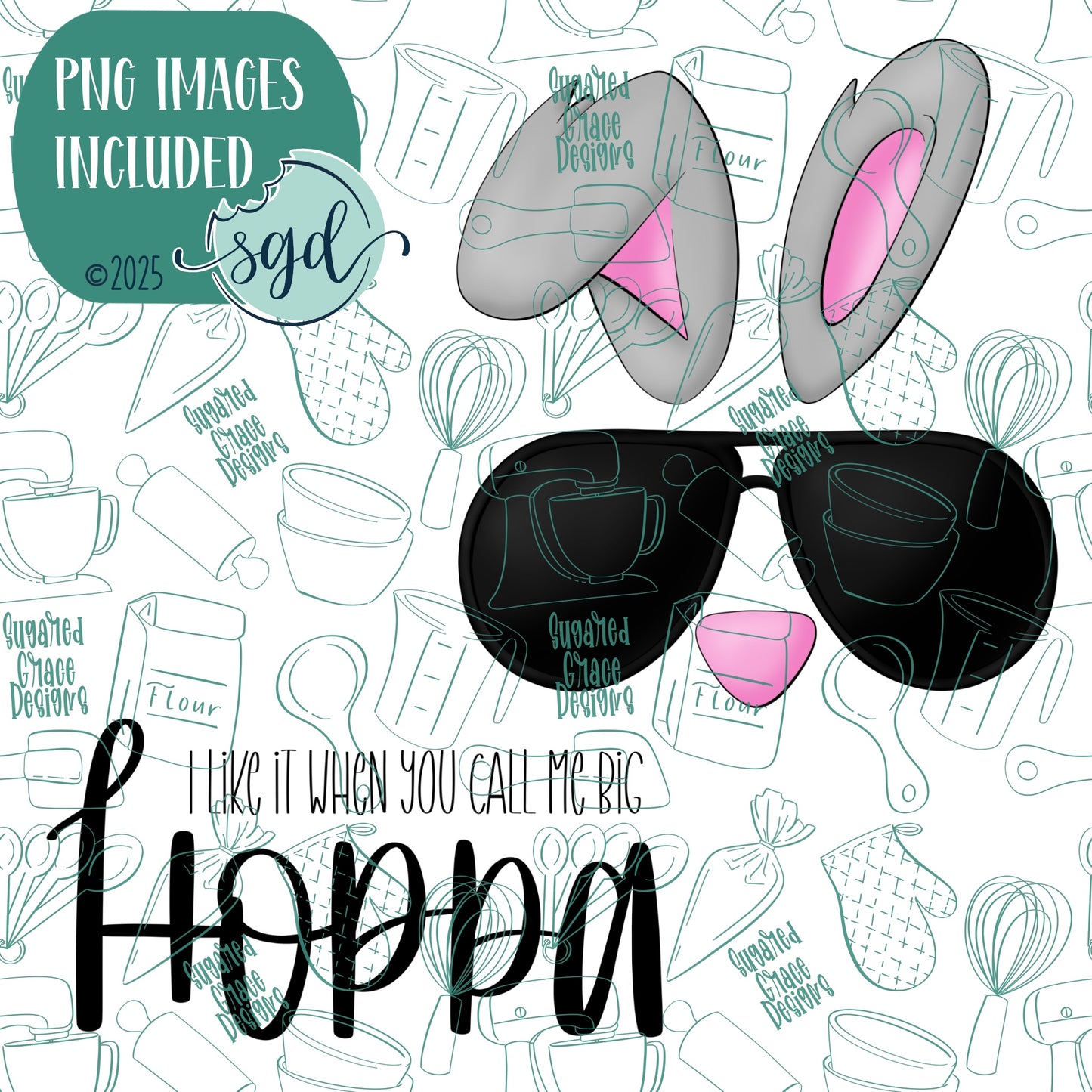 Easter Big Hoppa Cookie Cutter Set of 2 with PNG Images to Match - Hand Drawn Graphics for Edible Ink Printers