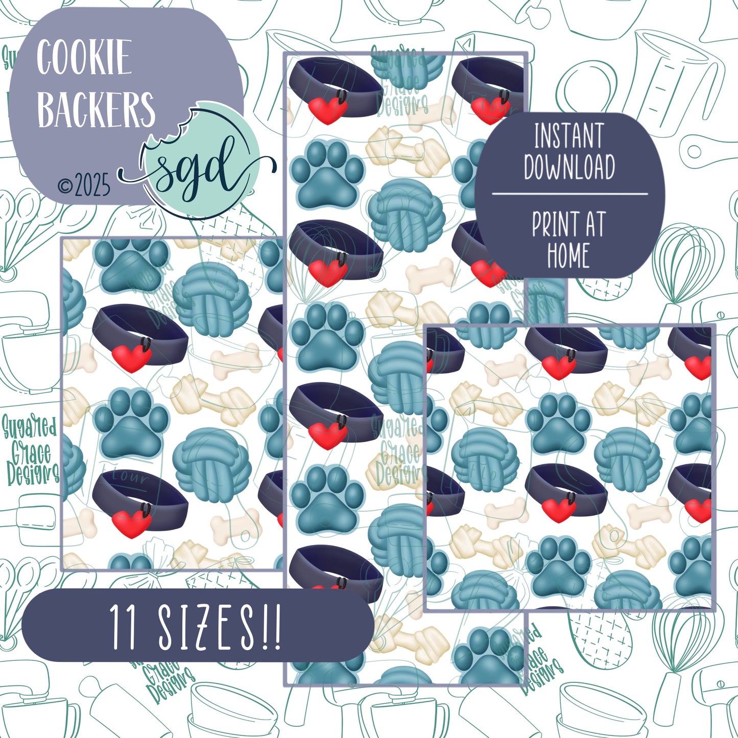 Blue Dog Pattern Cookie Backers in PDF file format with 11 sizes to choose from - Hand Drawn packaging for bags and boxes