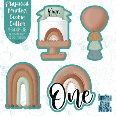 Boho first birthday cookie cutter set with png images for edible printers including Eddie