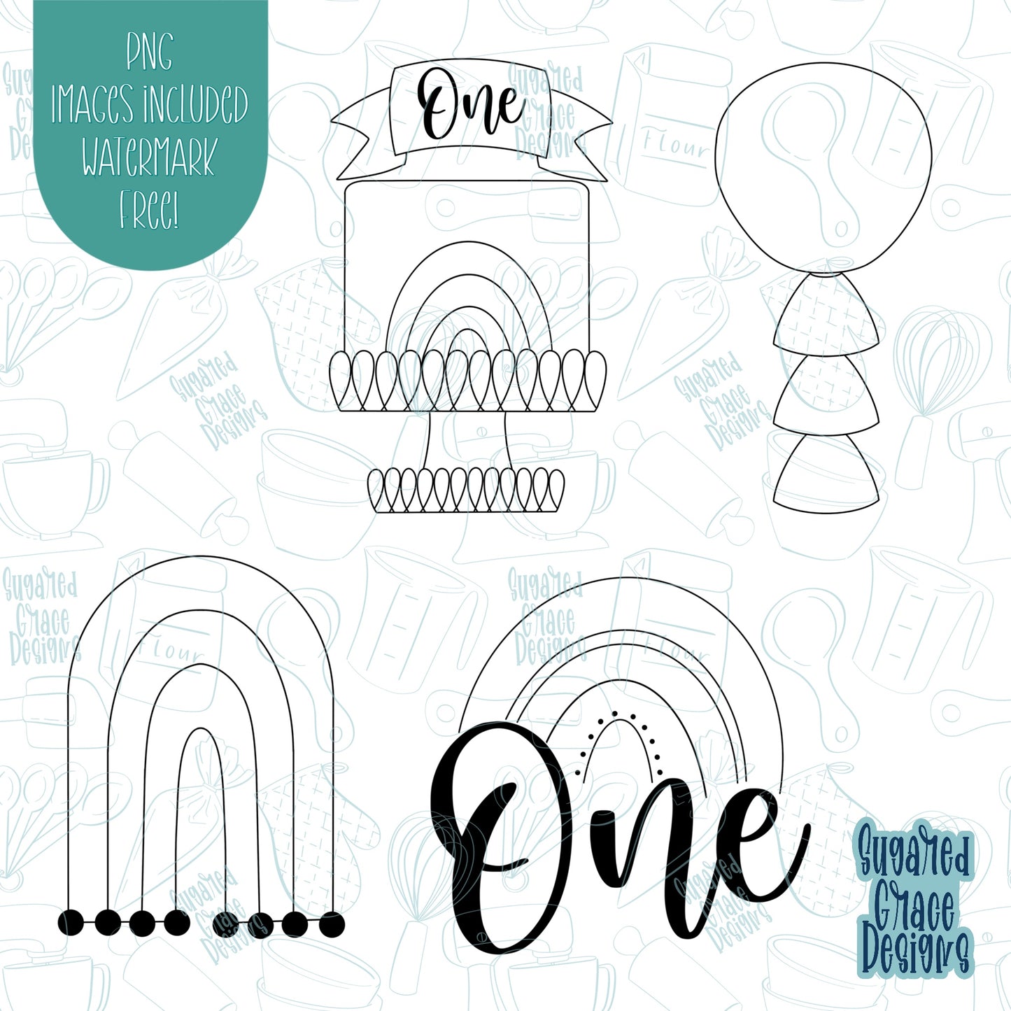 Boho first birthday cookie cutter set with png images for edible printers including Eddie