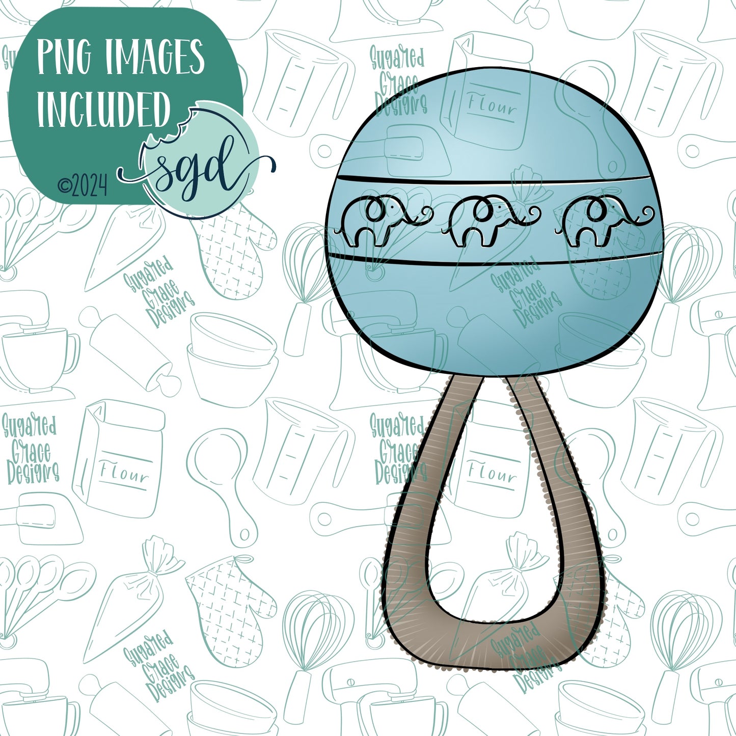 Blue Boho Rattle Cookie Cutter with Matching PNG Images for Edible Ink Printers Including Eddie