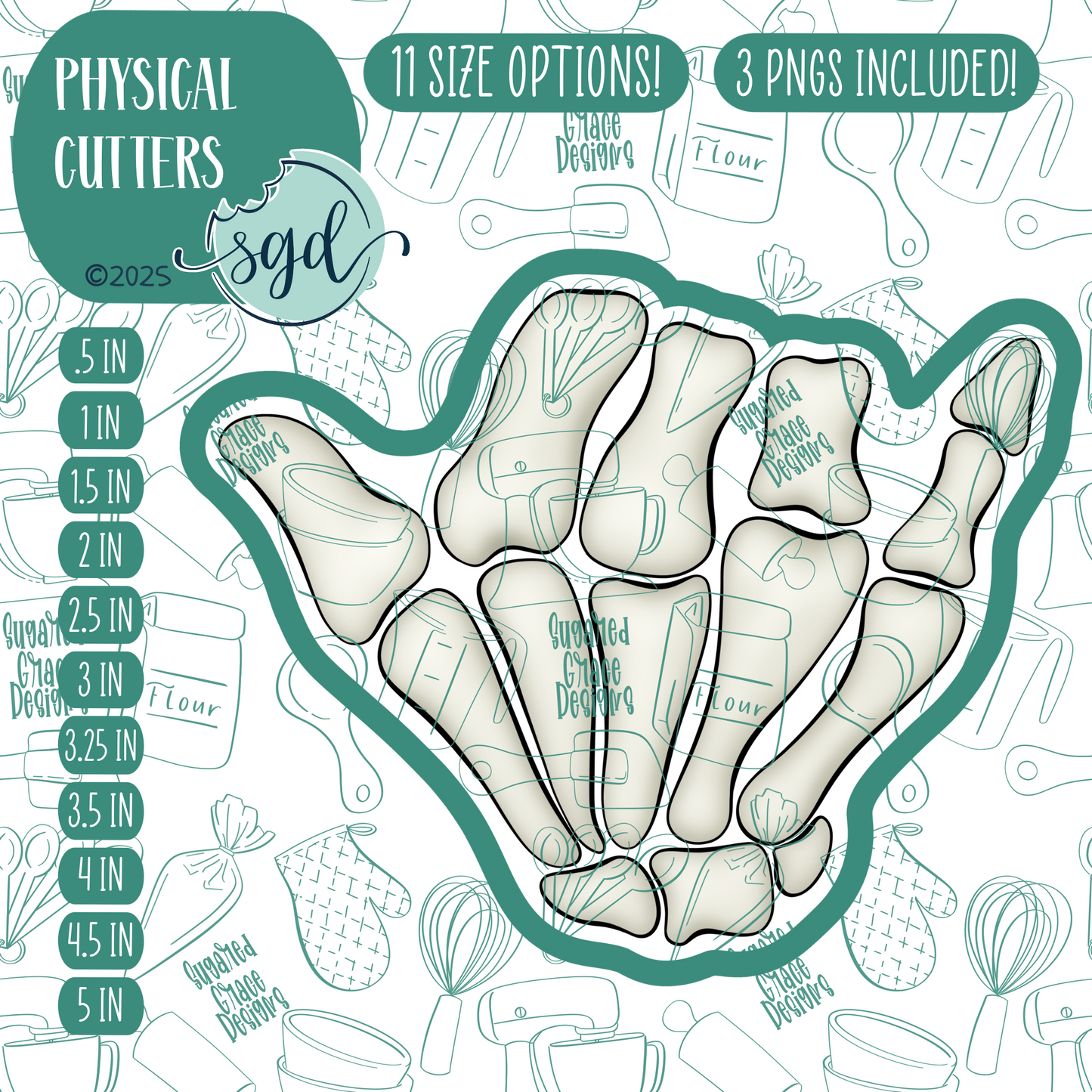 Rock On Bone Hand Cookie Cutter with PNG Images to Match - Hand Drawn Graphics for Edible Ink Printers