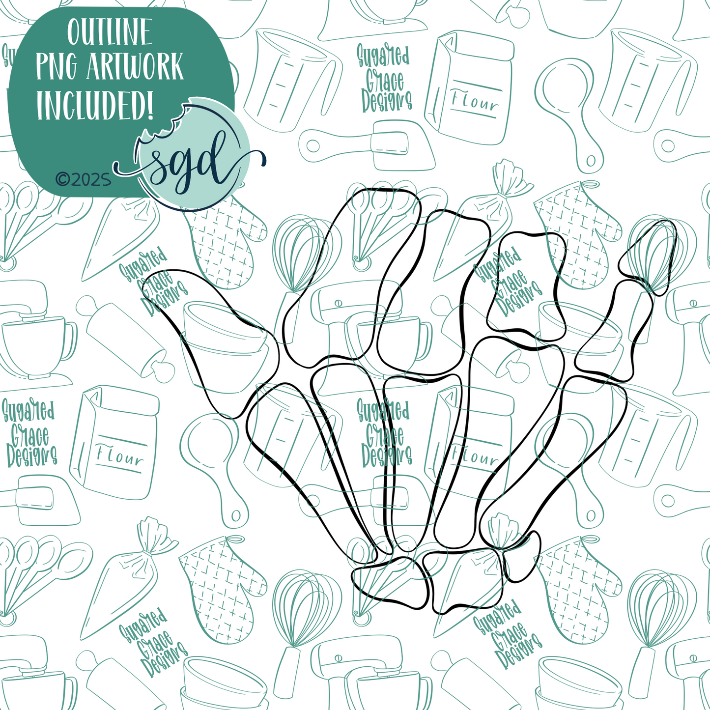 Rock On Bone Hand Cookie Cutter with PNG Images to Match - Hand Drawn Graphics for Edible Ink Printers