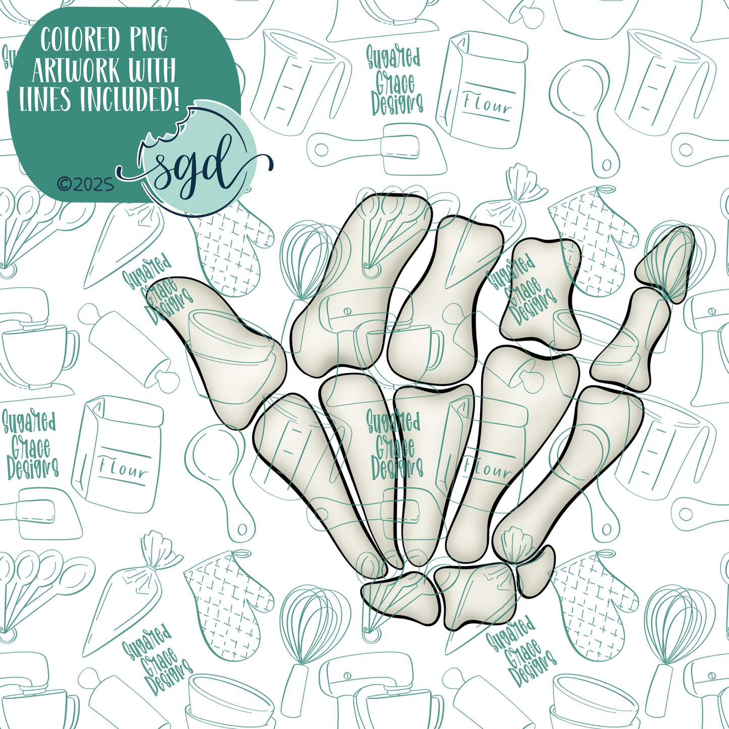 Rock On Bone Hand Cookie Cutter with PNG Images to Match - Hand Drawn Graphics for Edible Ink Printers