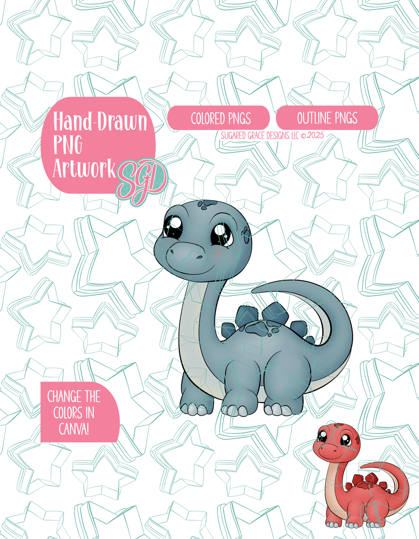 Brachiosaurus Dinosaur PNG Image Set for Edible Ink Printers - Hand Drawn Editable Graphic