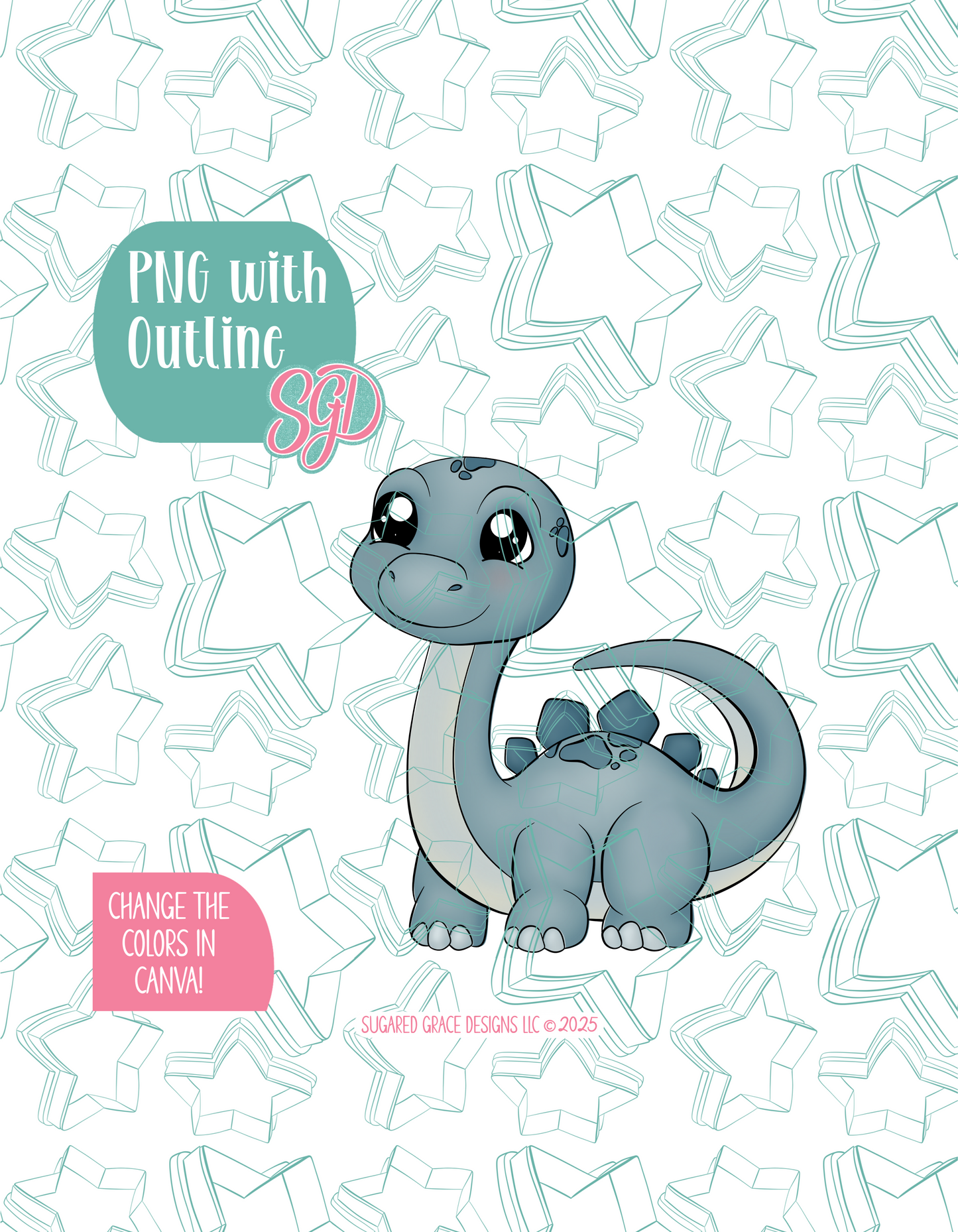 Blue Brachiosaurus Dinosaur Cookie Cutter with PNG Images to Match - Hand Drawn Graphics for Edible Ink Printers