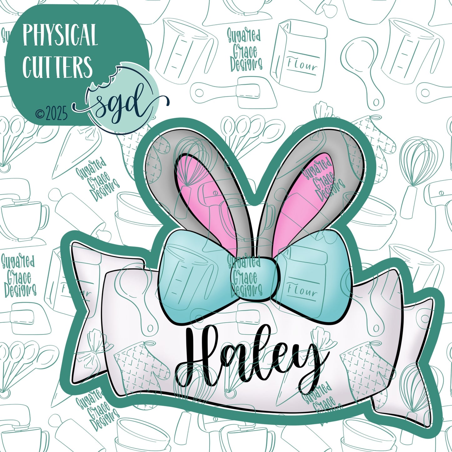 Bunny Ear Banner Name Plaque Cookie Cutter with PNG Images to Match - Hand Drawn Graphics for Edible Ink Printers