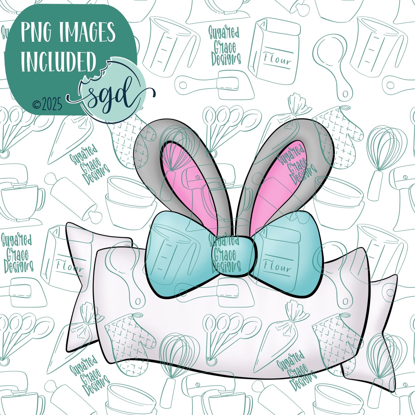 Bunny Ear Banner Name Plaque Cookie Cutter with PNG Images to Match - Hand Drawn Graphics for Edible Ink Printers