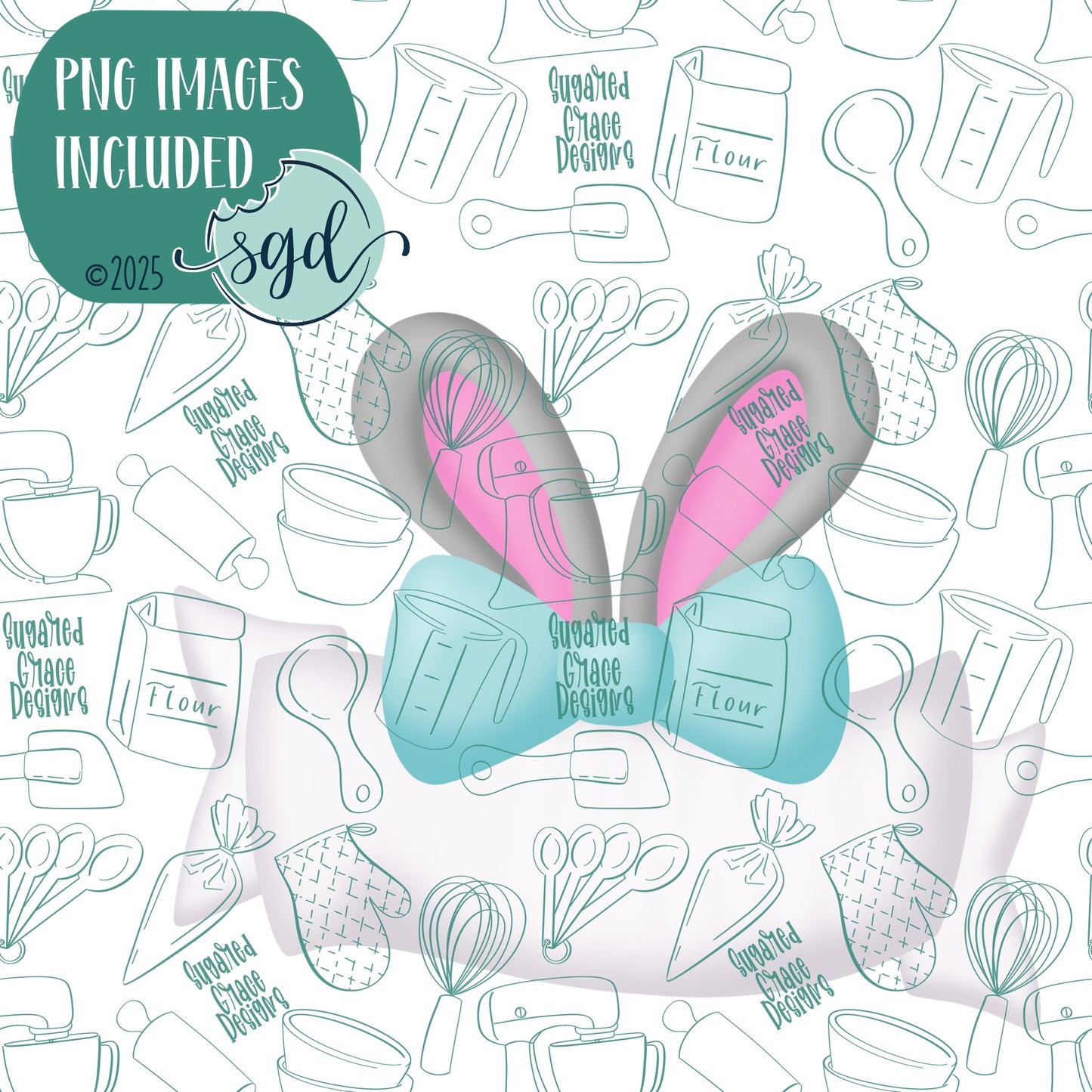 Bunny Ear Banner Name Plaque Cookie Cutter with PNG Images to Match - Hand Drawn Graphics for Edible Ink Printers
