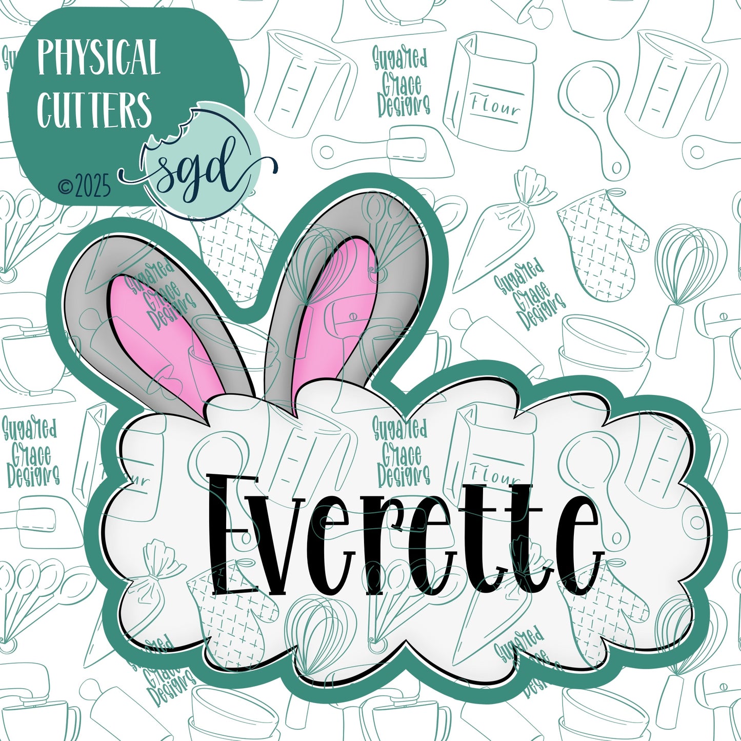 Bunny Ear Lacey Plaque Cookie Cutter with PNG Images to Match - Hand Drawn Graphics for Edible Ink Printers